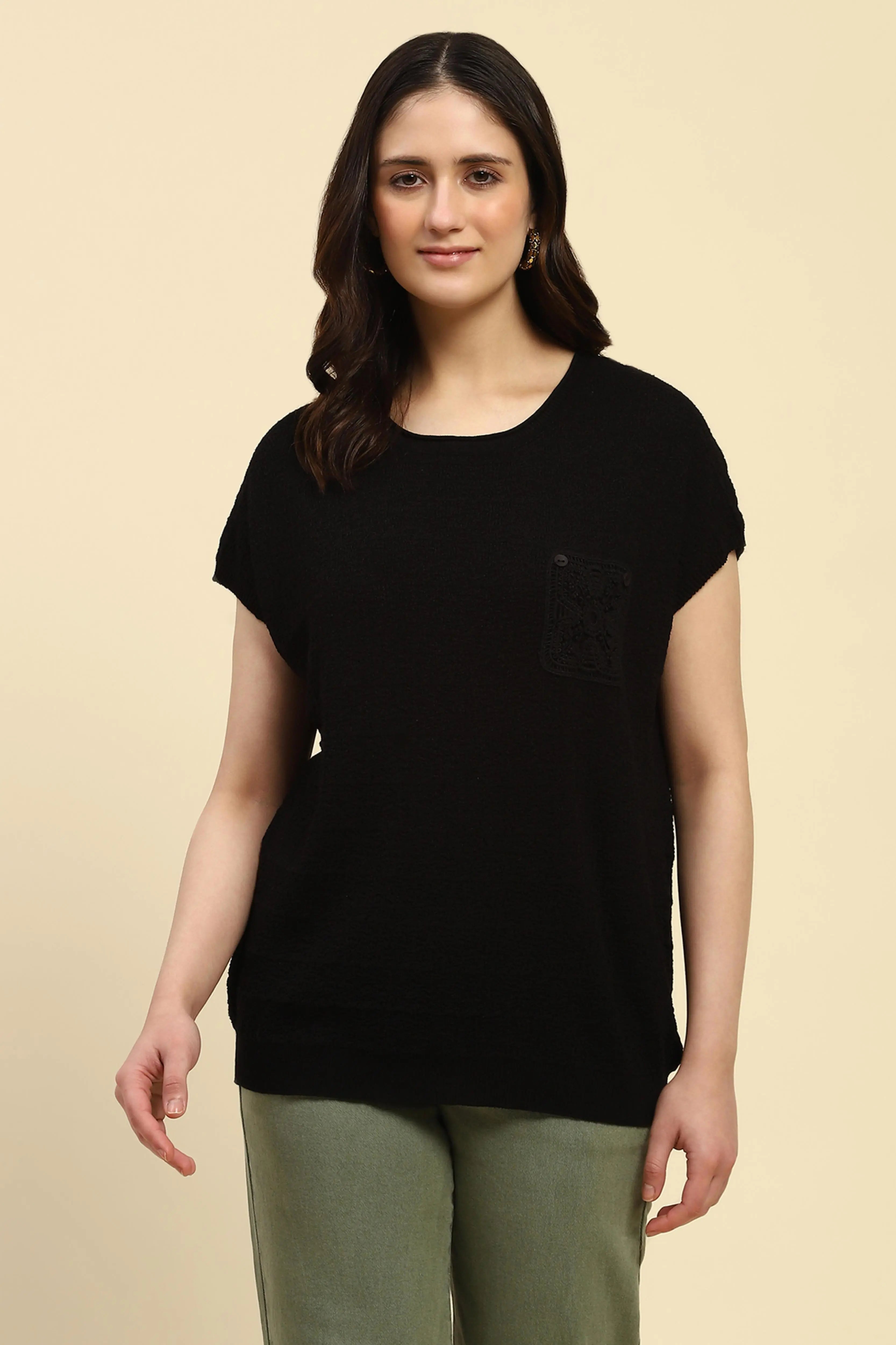 Black Textured Viscose Boxy Top - Global Republic