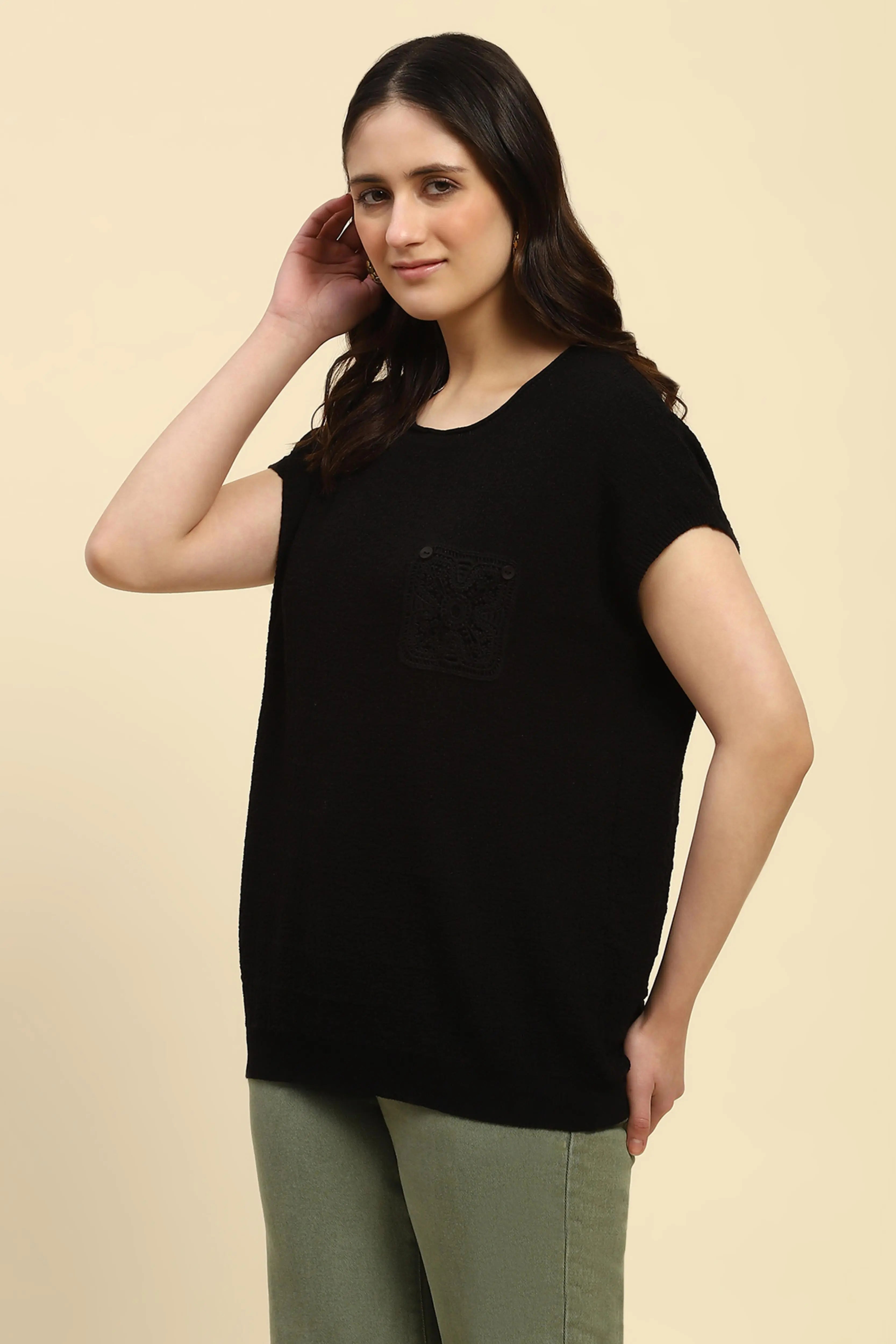 Black Textured Viscose Boxy Top - Global Republic