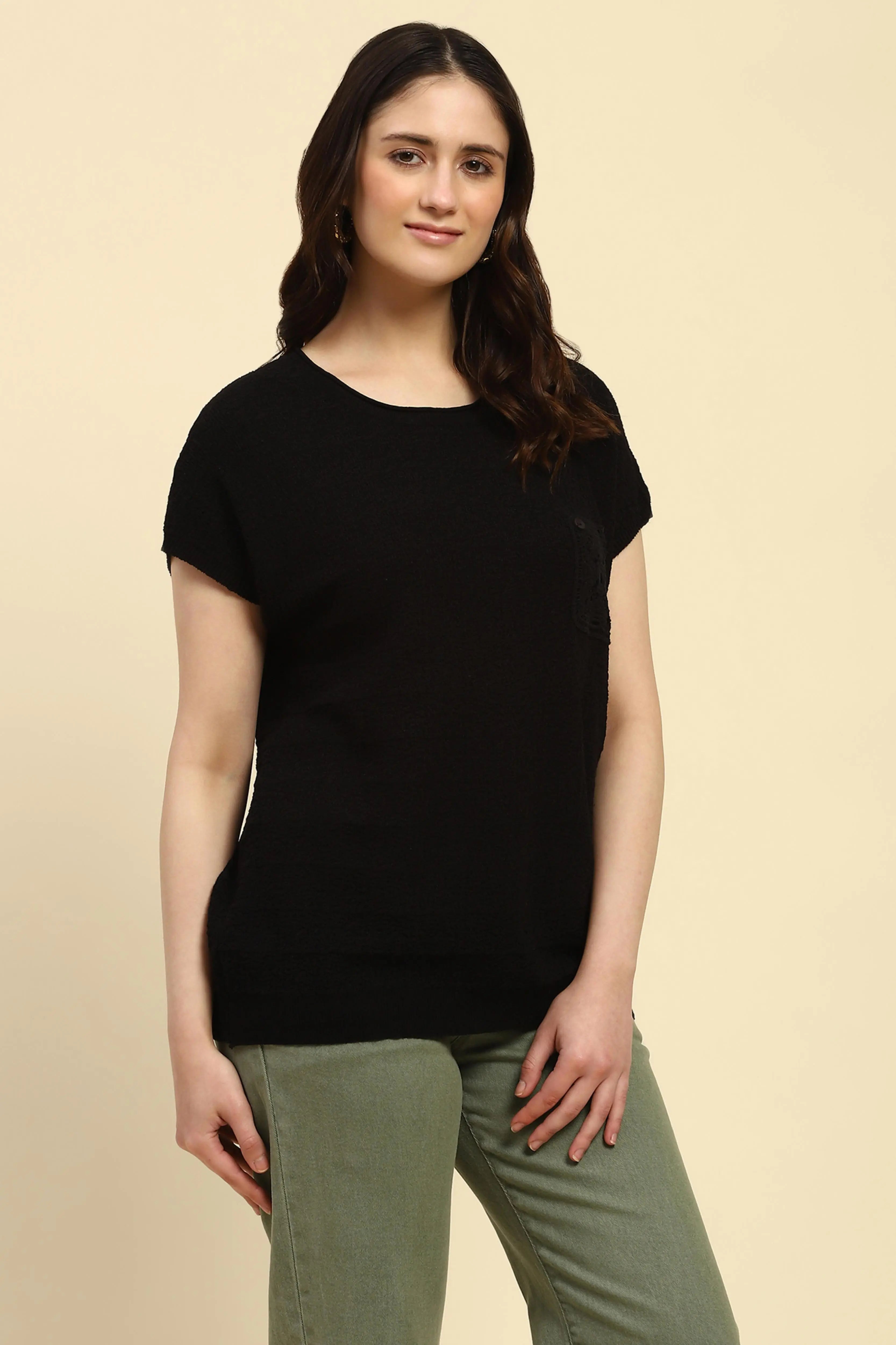 Black Textured Viscose Boxy Top - Global Republic