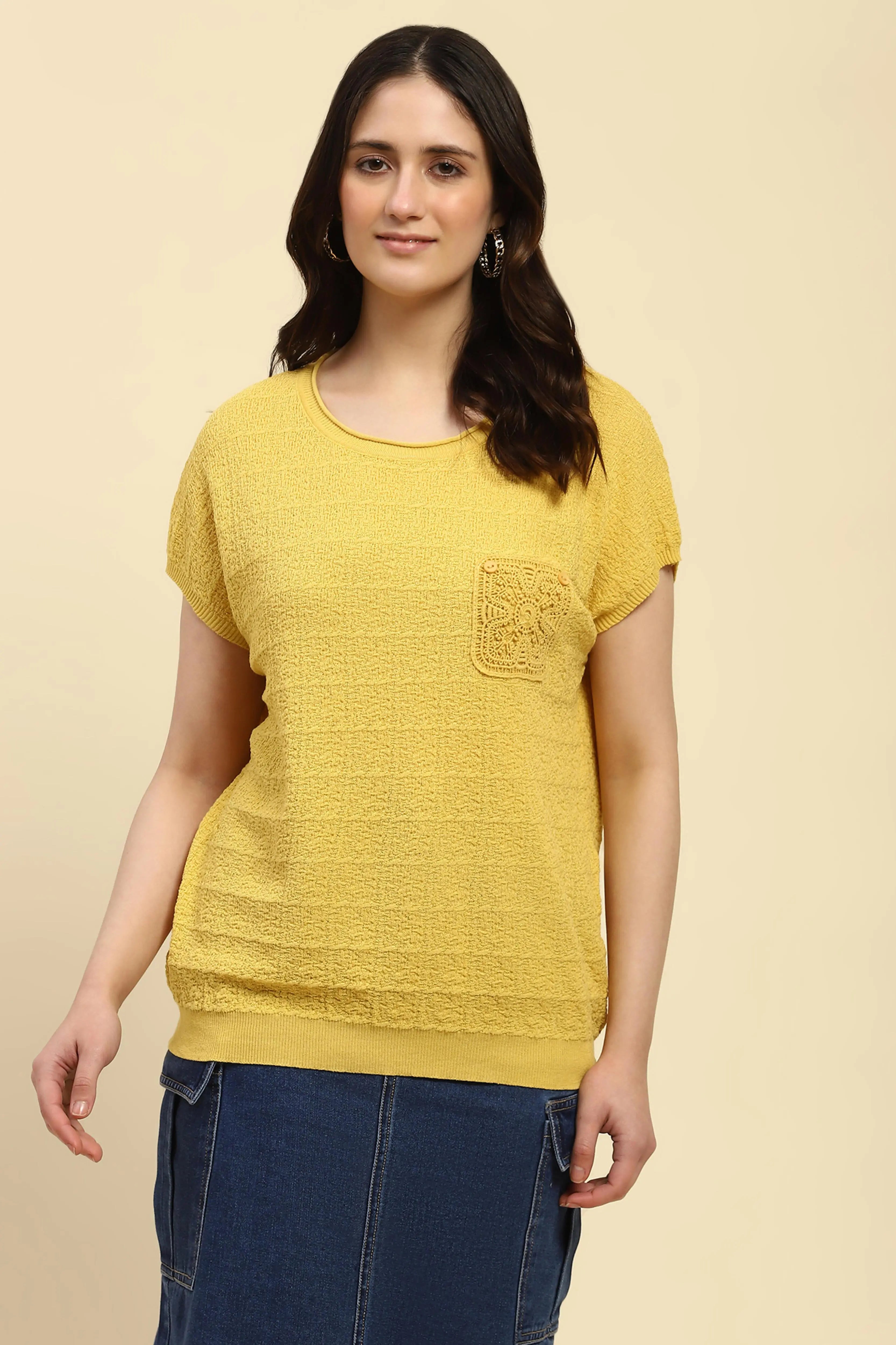 Mustard Textured Viscose Boxy Top - Global Republic