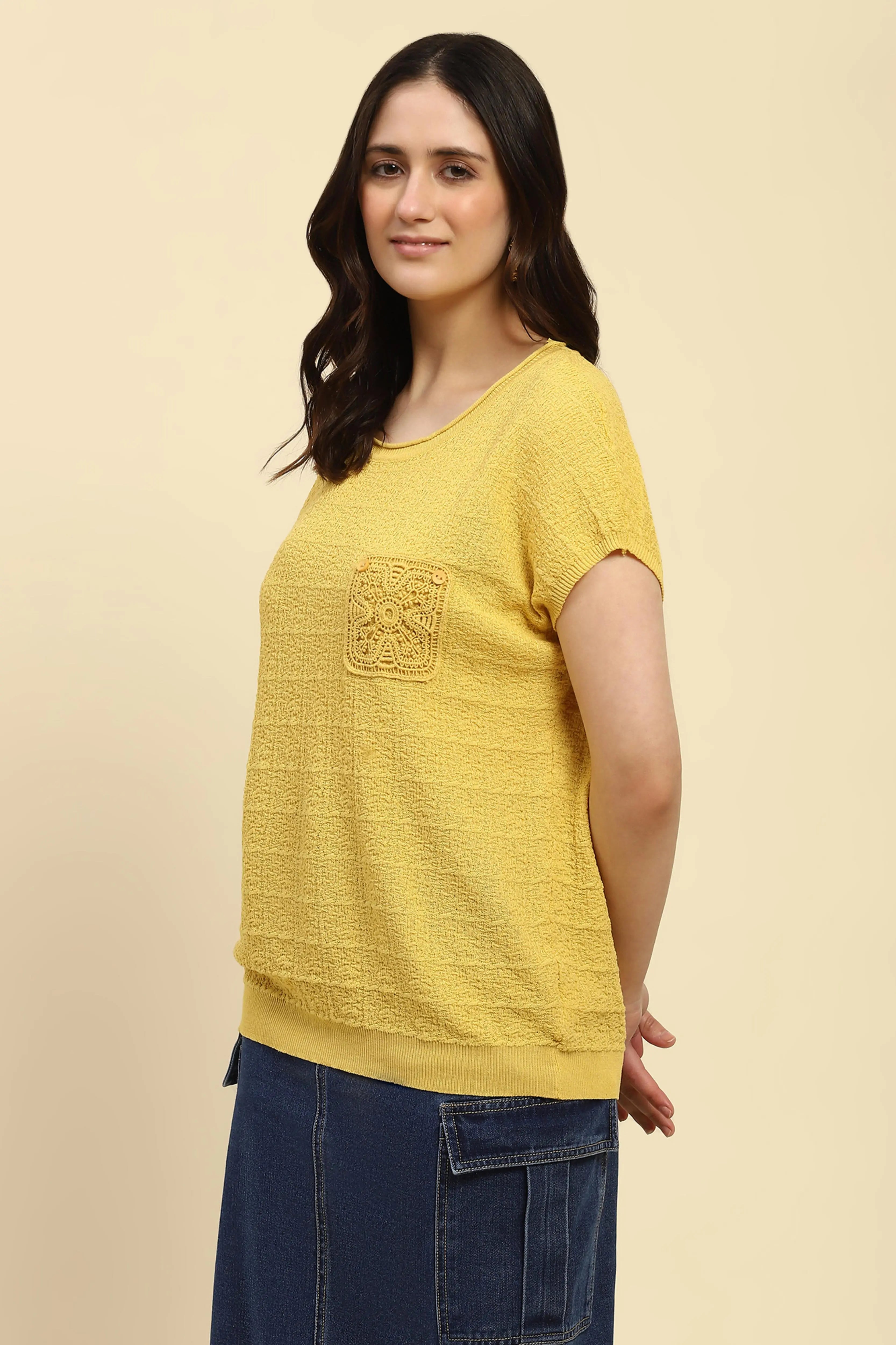 Mustard Textured Viscose Boxy Top - Global Republic