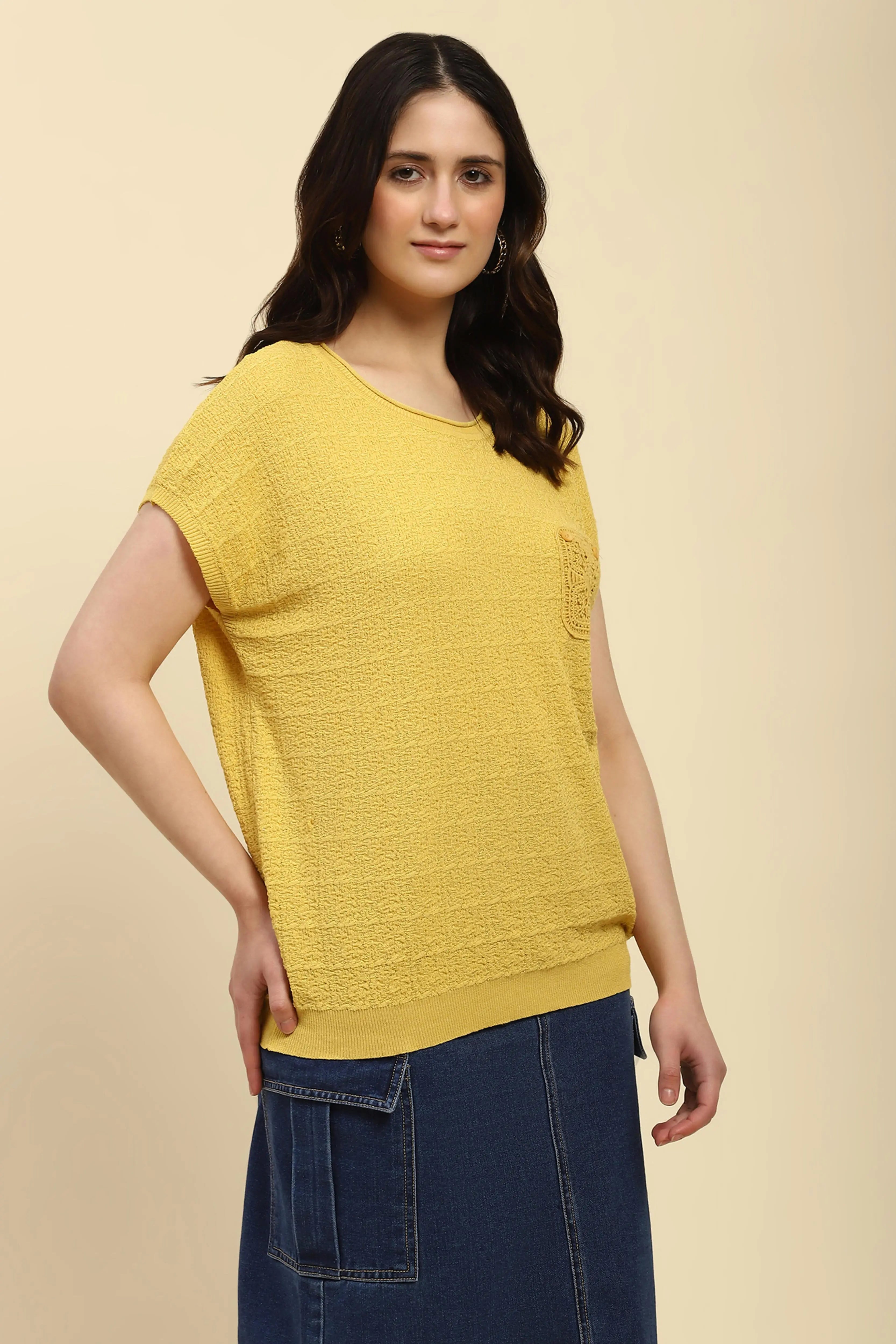 Mustard Textured Viscose Boxy Top - Global Republic