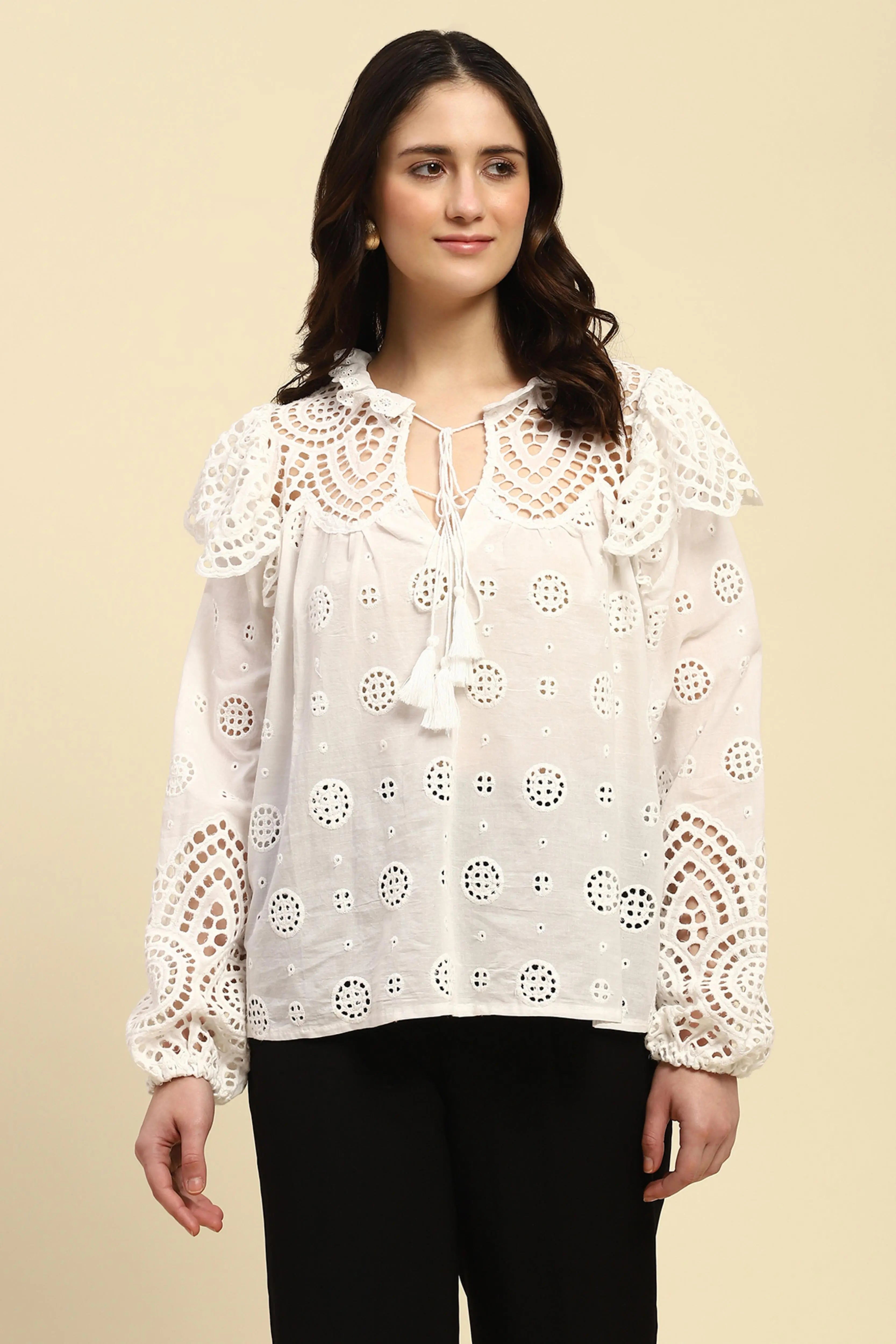 White Schiffli Embroidered Cotton Top - Global Republic