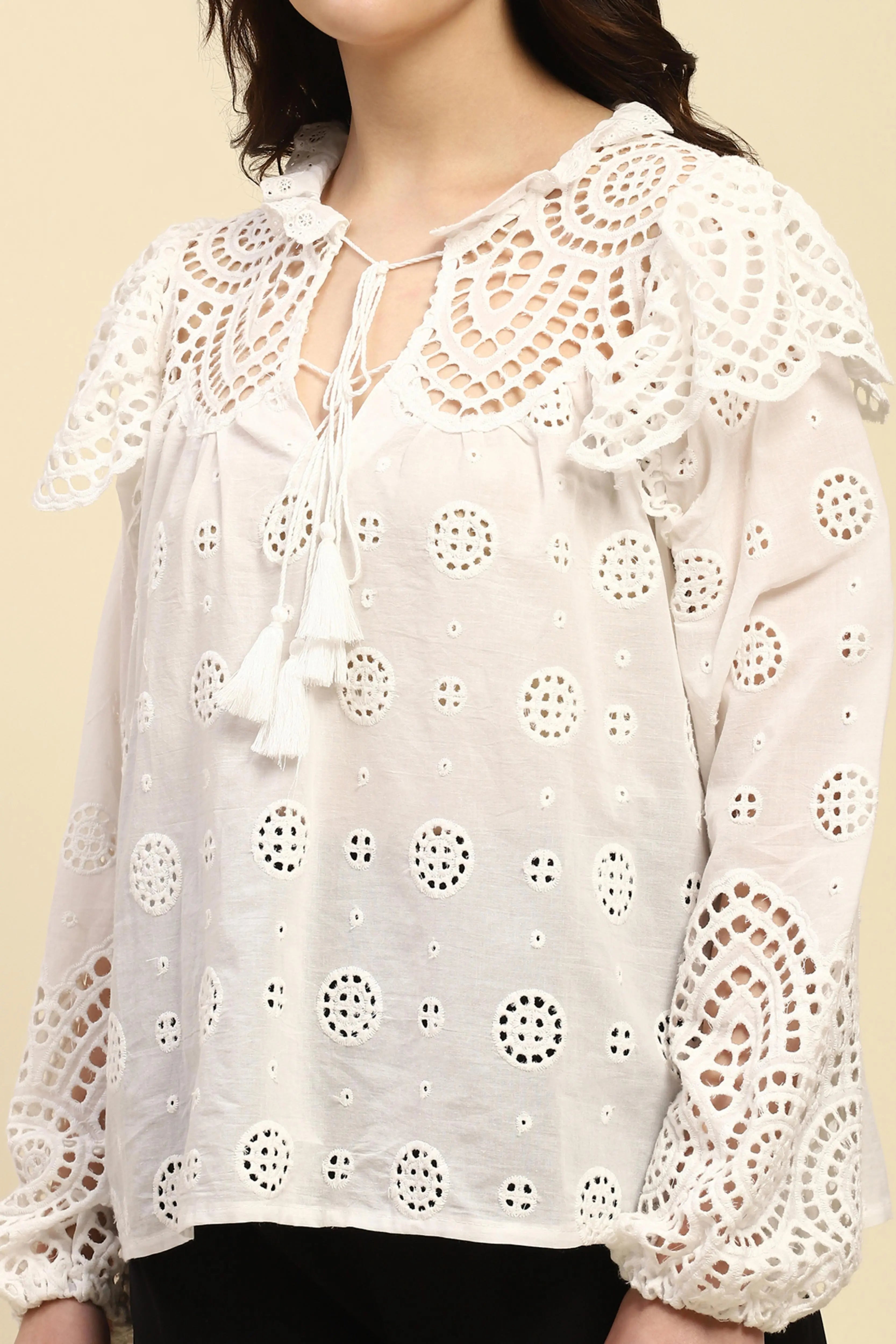 White Schiffli Embroidered Cotton Top - Global Republic