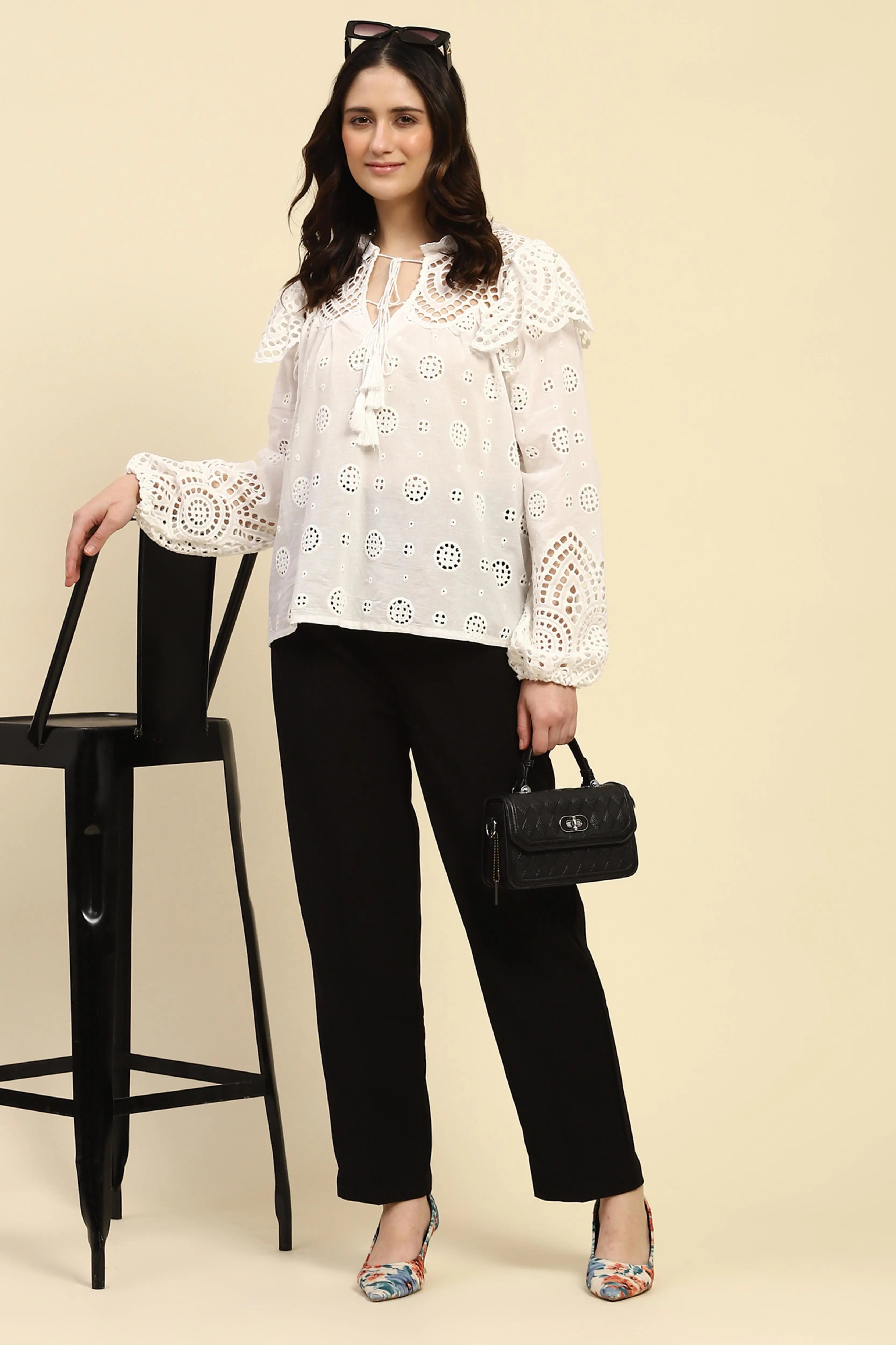 White Schiffli Embroidered Cotton Top - Global Republic