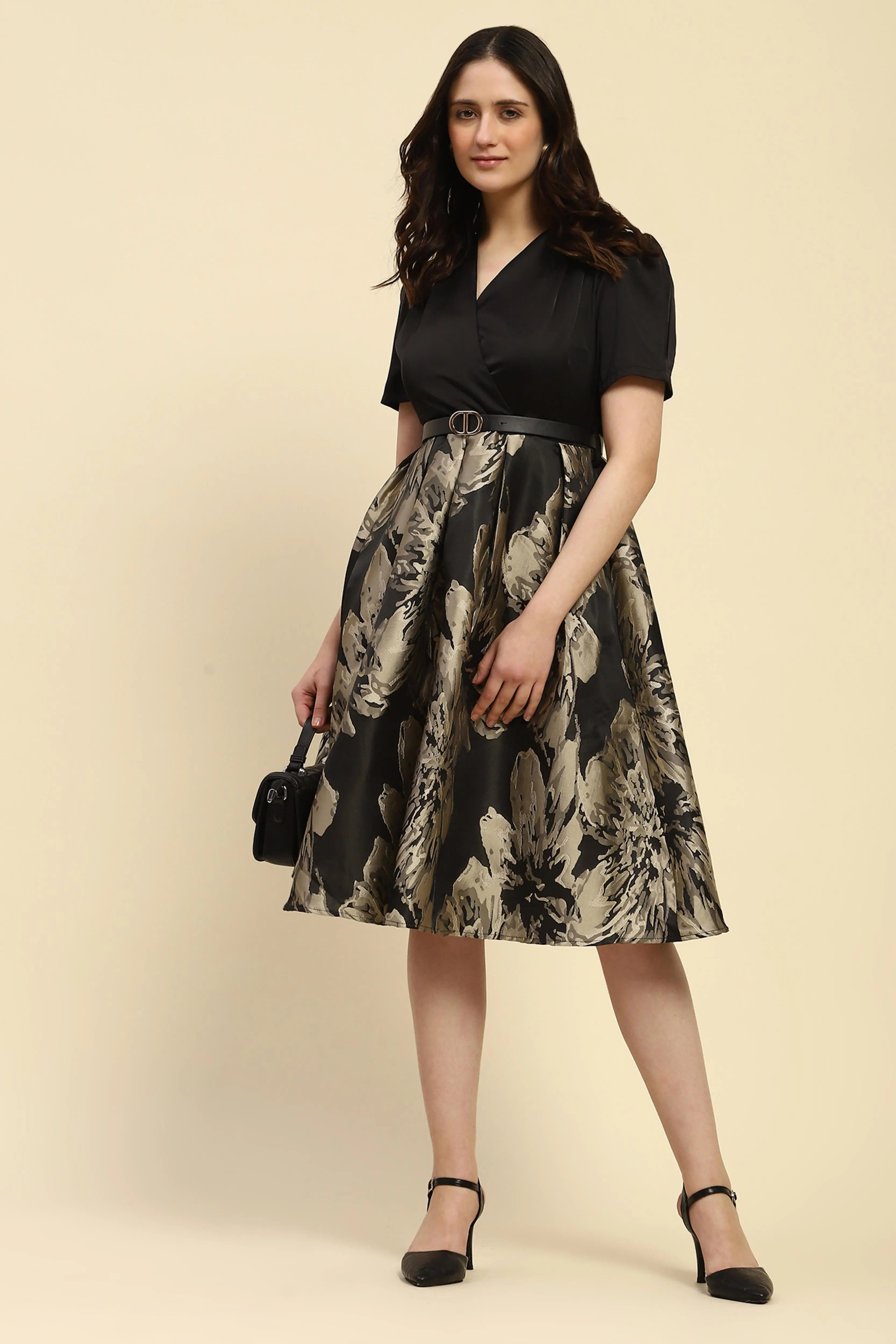 Black Satin Fit & Flare Dress - Global Republic