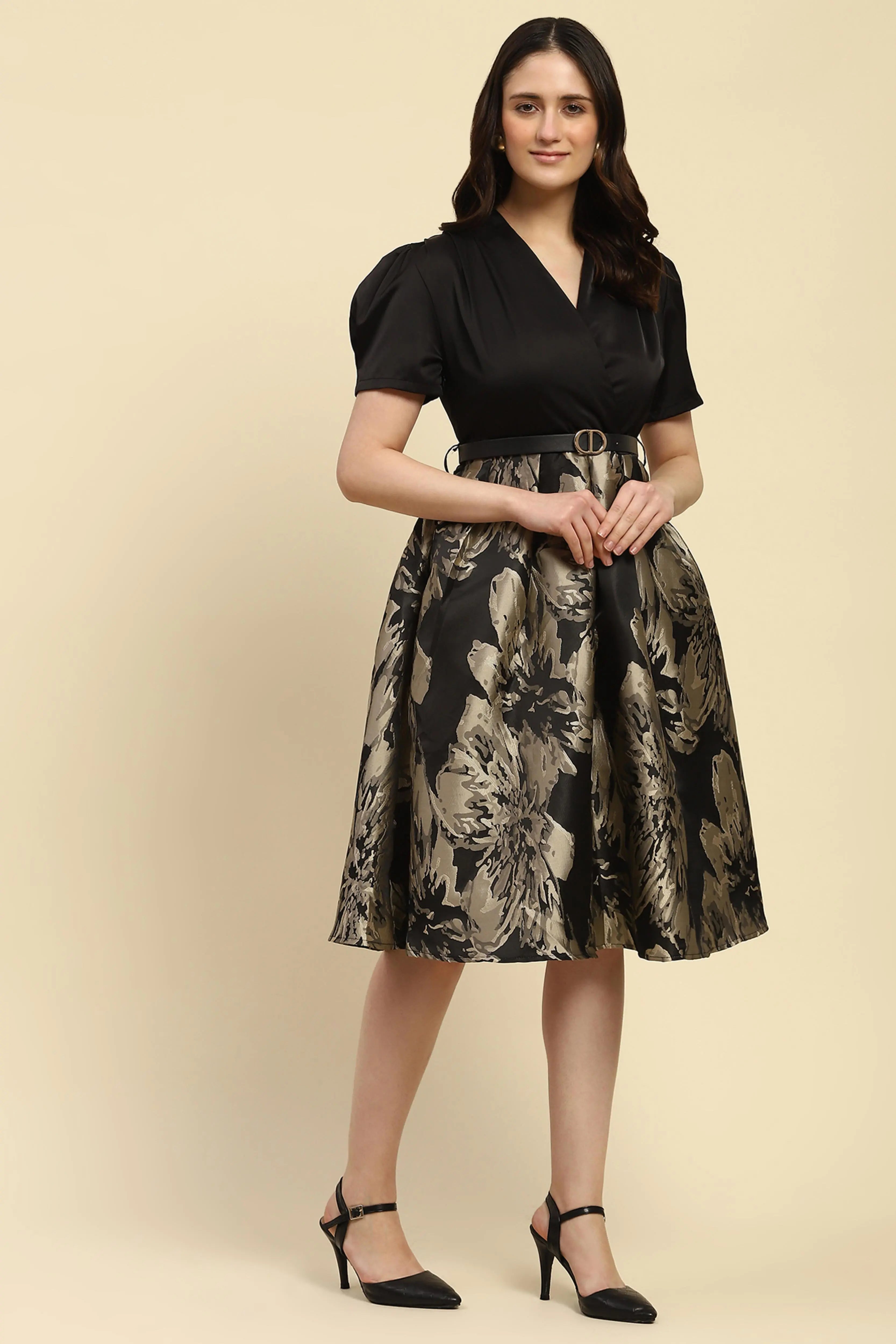 Black Satin Fit & Flare Dress - Global Republic