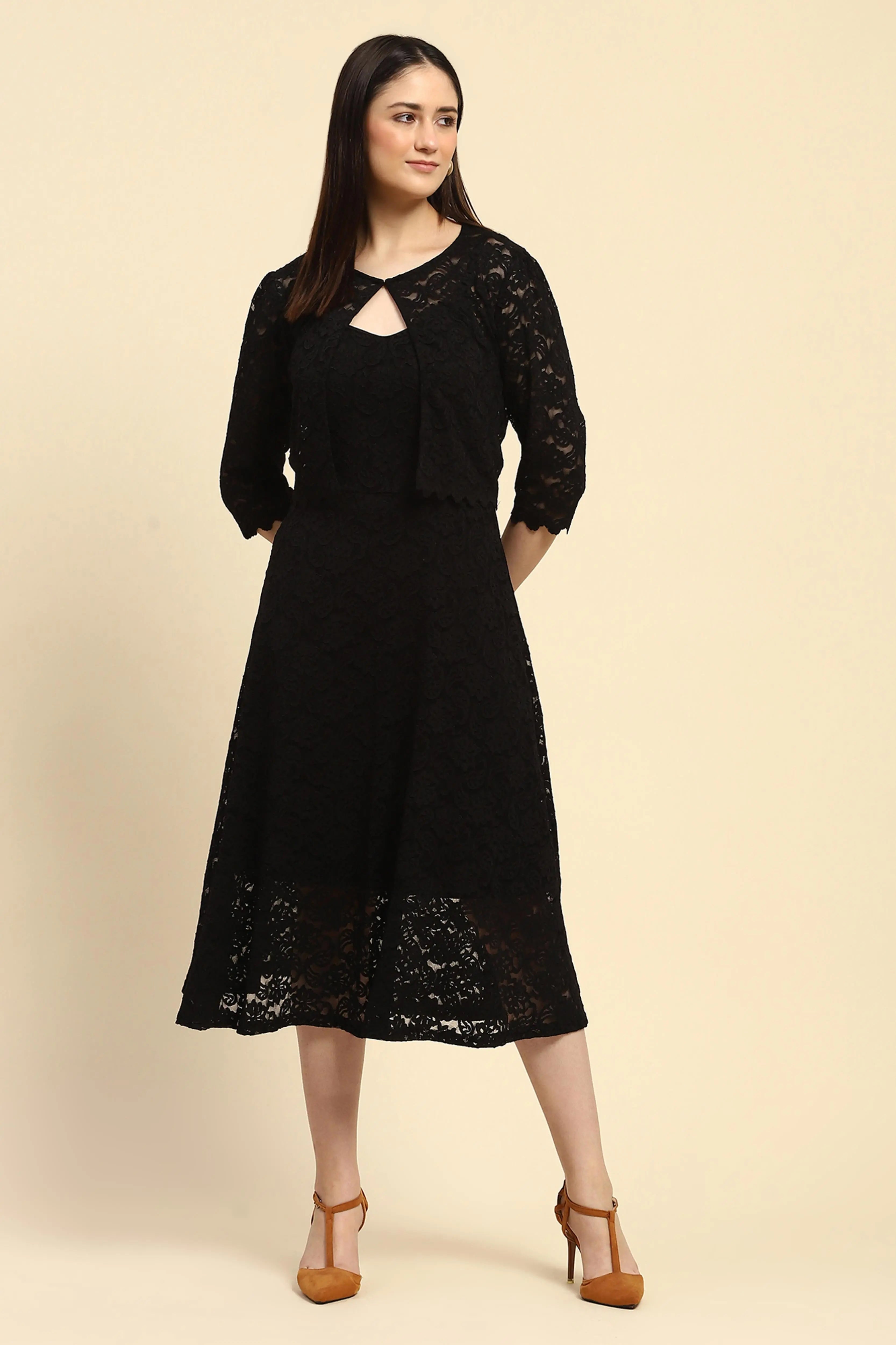 Black Floral Lace Fit & Flare Dress - Global Republic