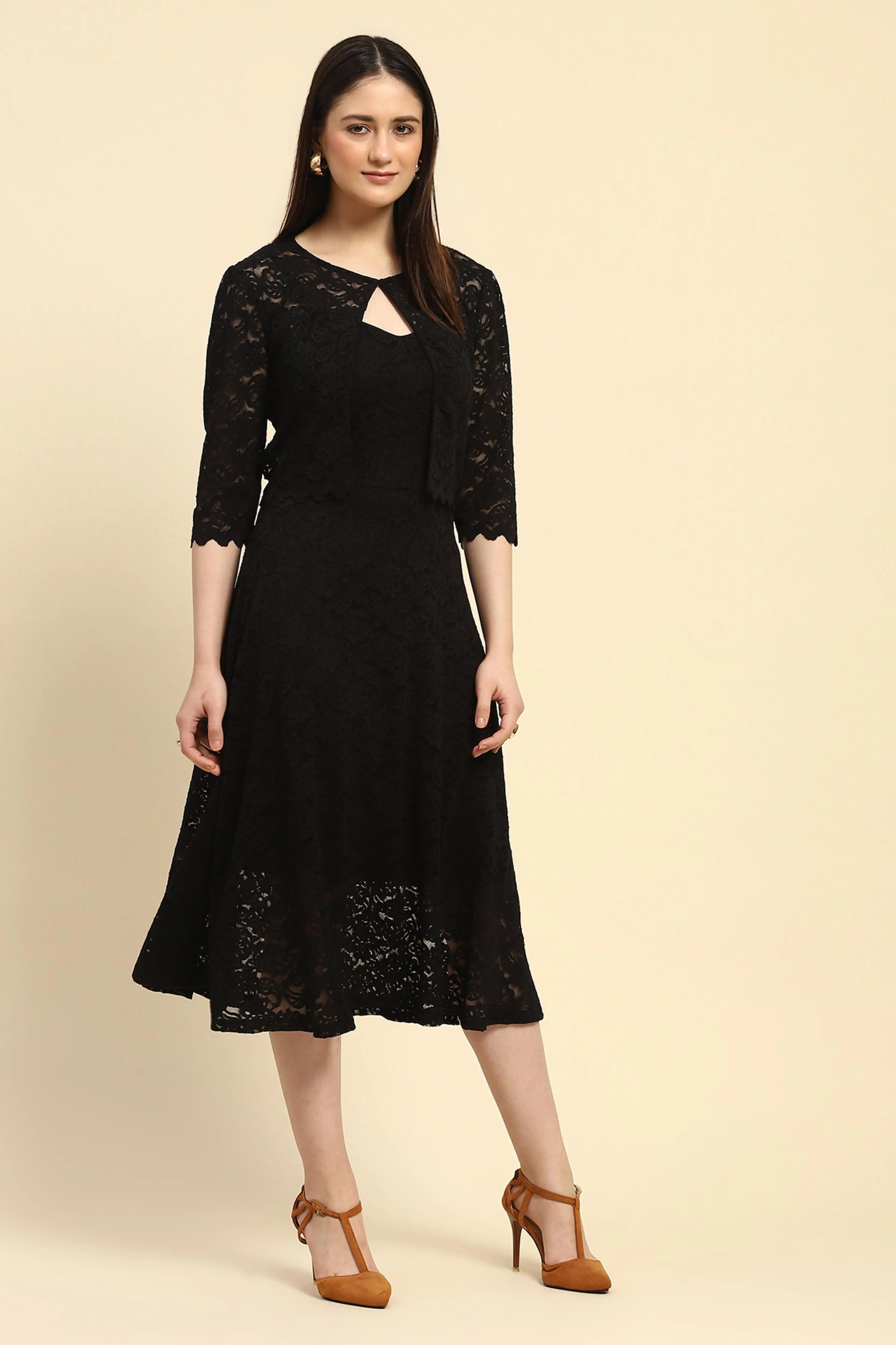 Black Floral Lace Fit & Flare Dress - Global Republic