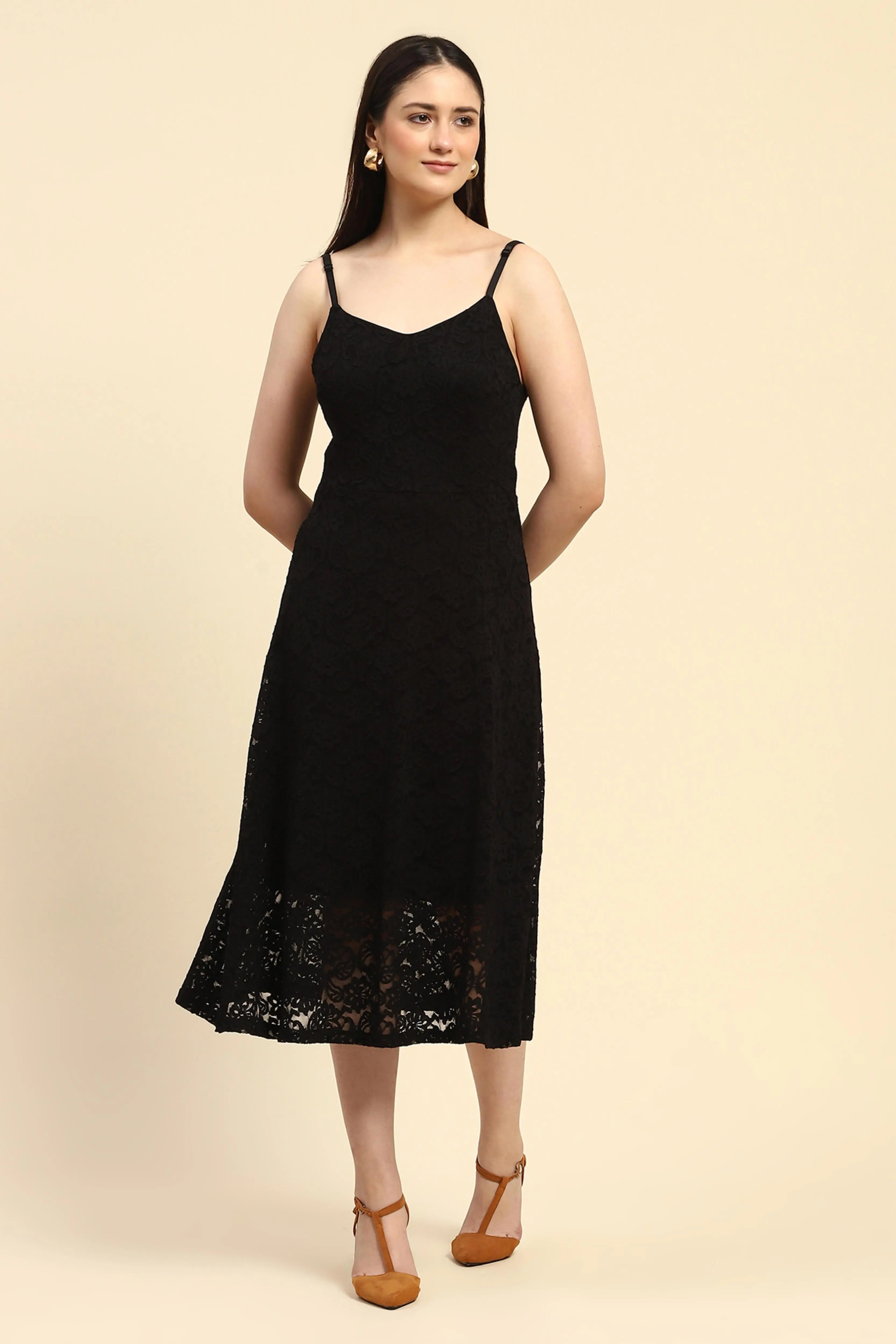 Black Floral Lace Fit & Flare Dress - Global Republic