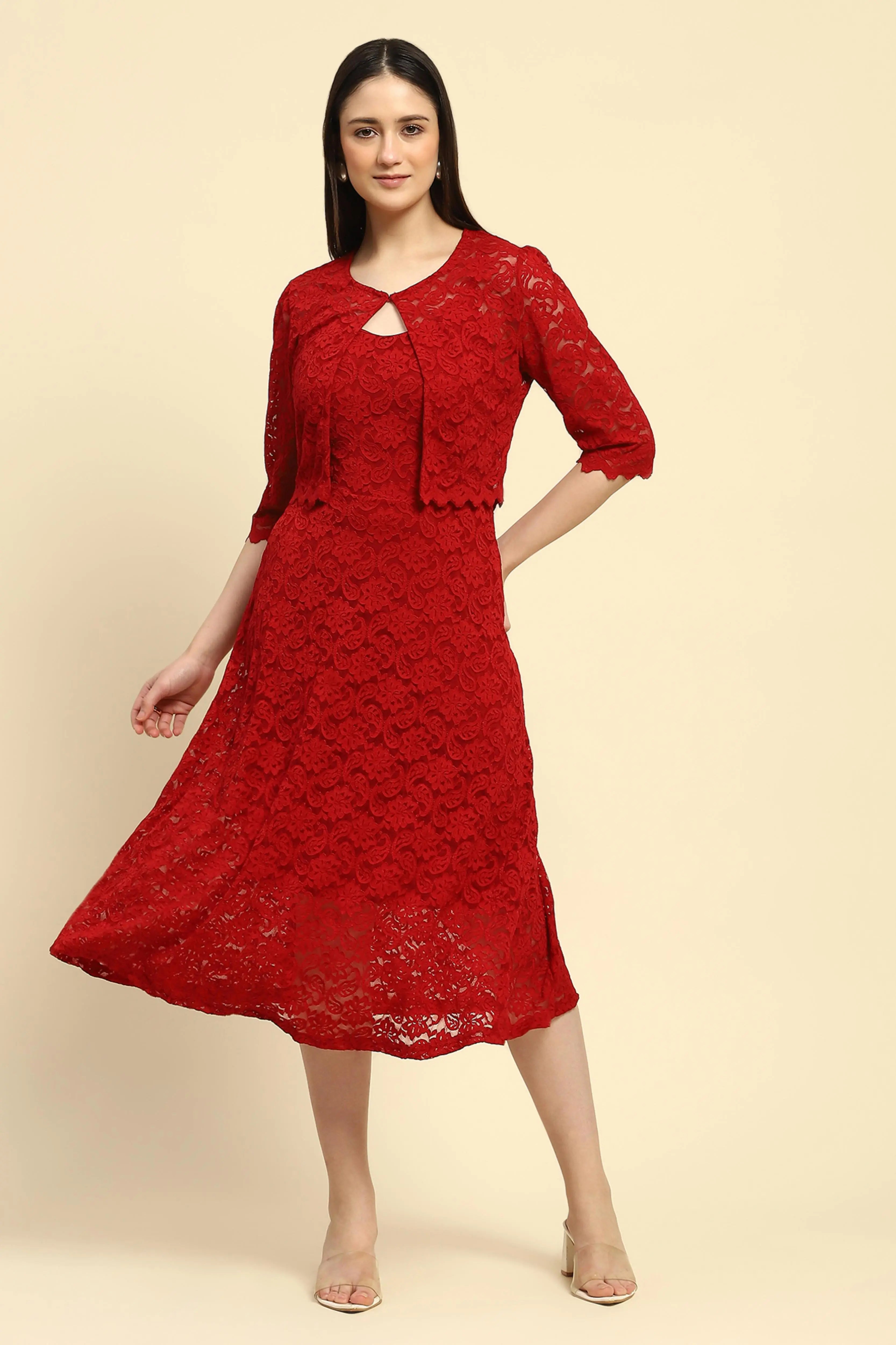Maroon Floral Lace Fit & Flare Dress - Global Republic