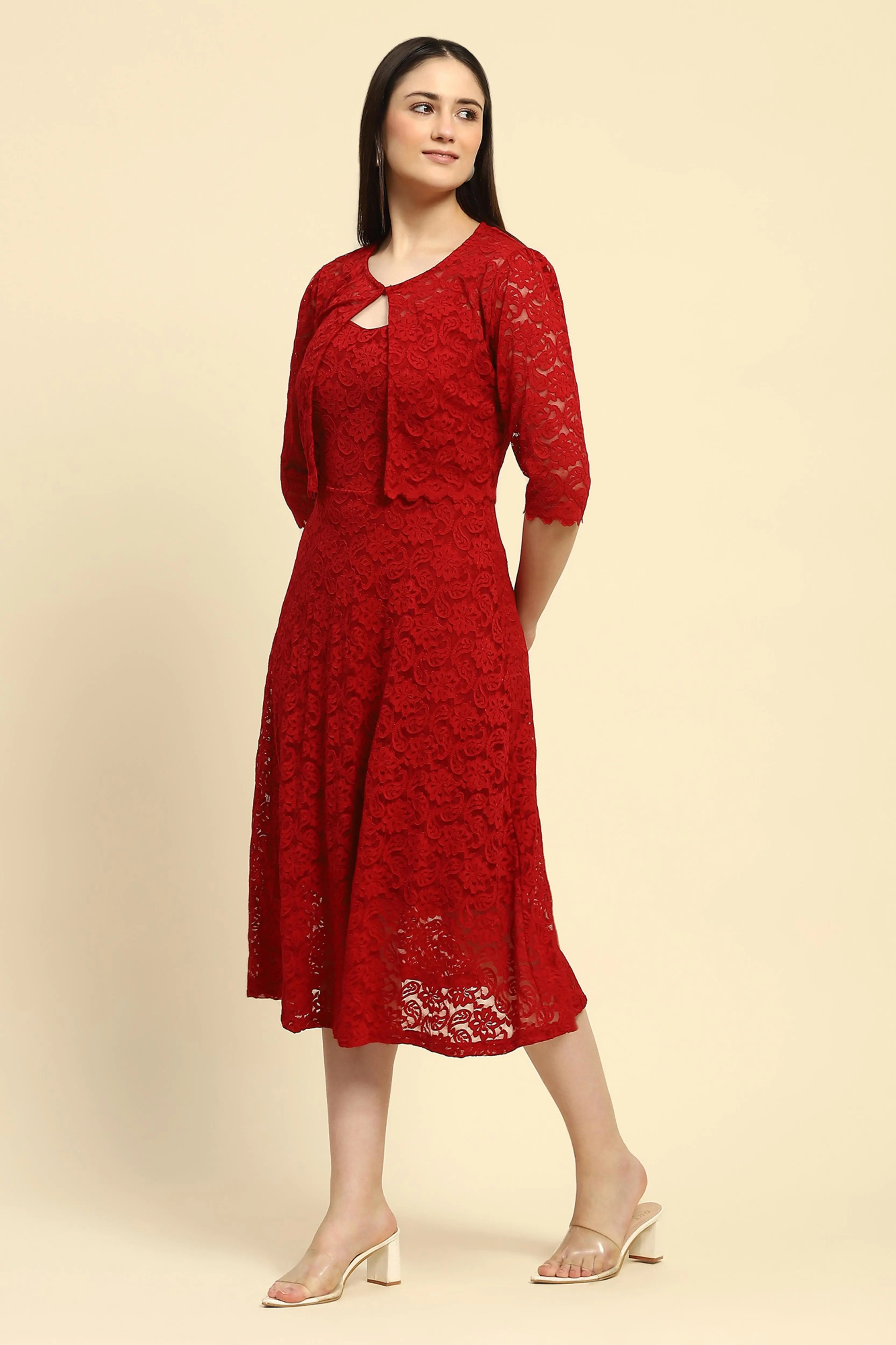 Maroon Floral Lace Fit & Flare Dress - Global Republic