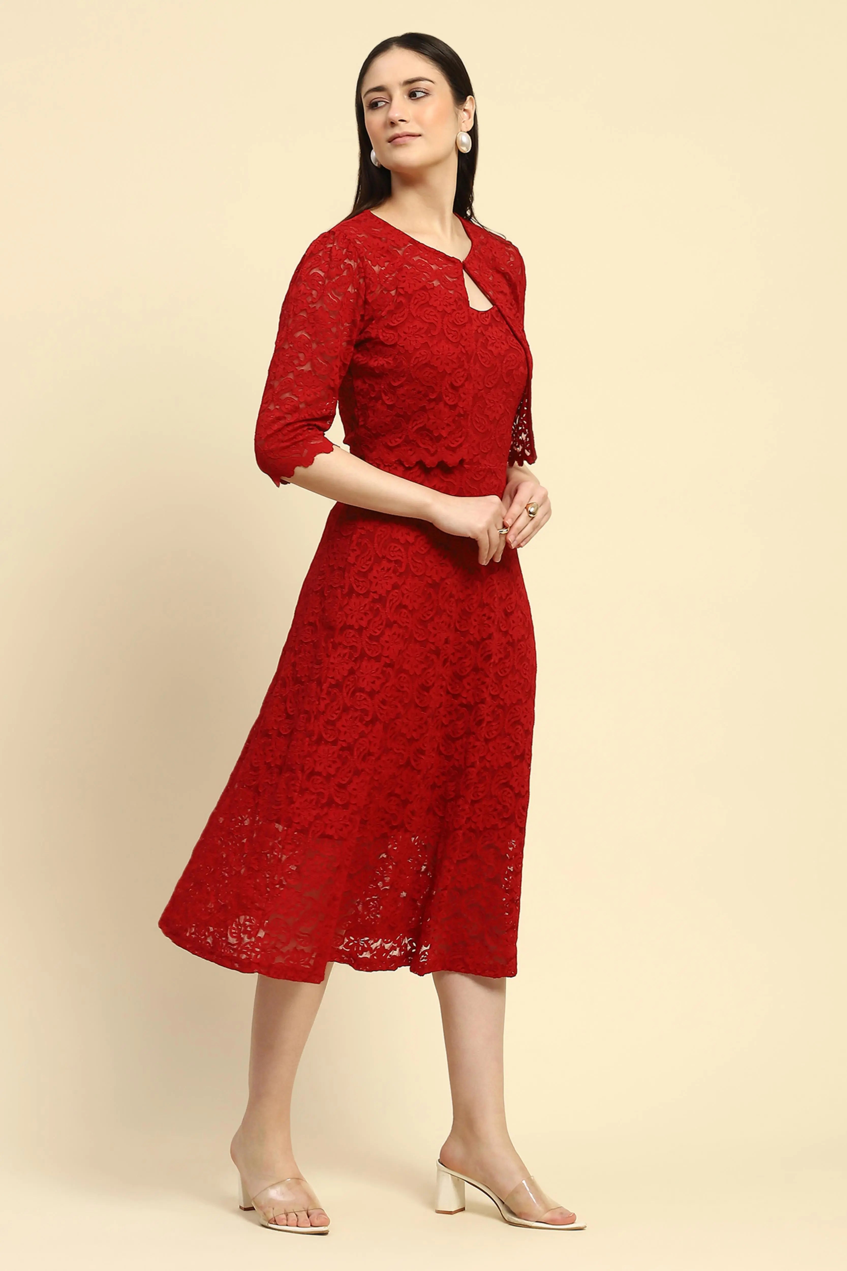 Maroon Floral Lace Fit & Flare Dress - Global Republic