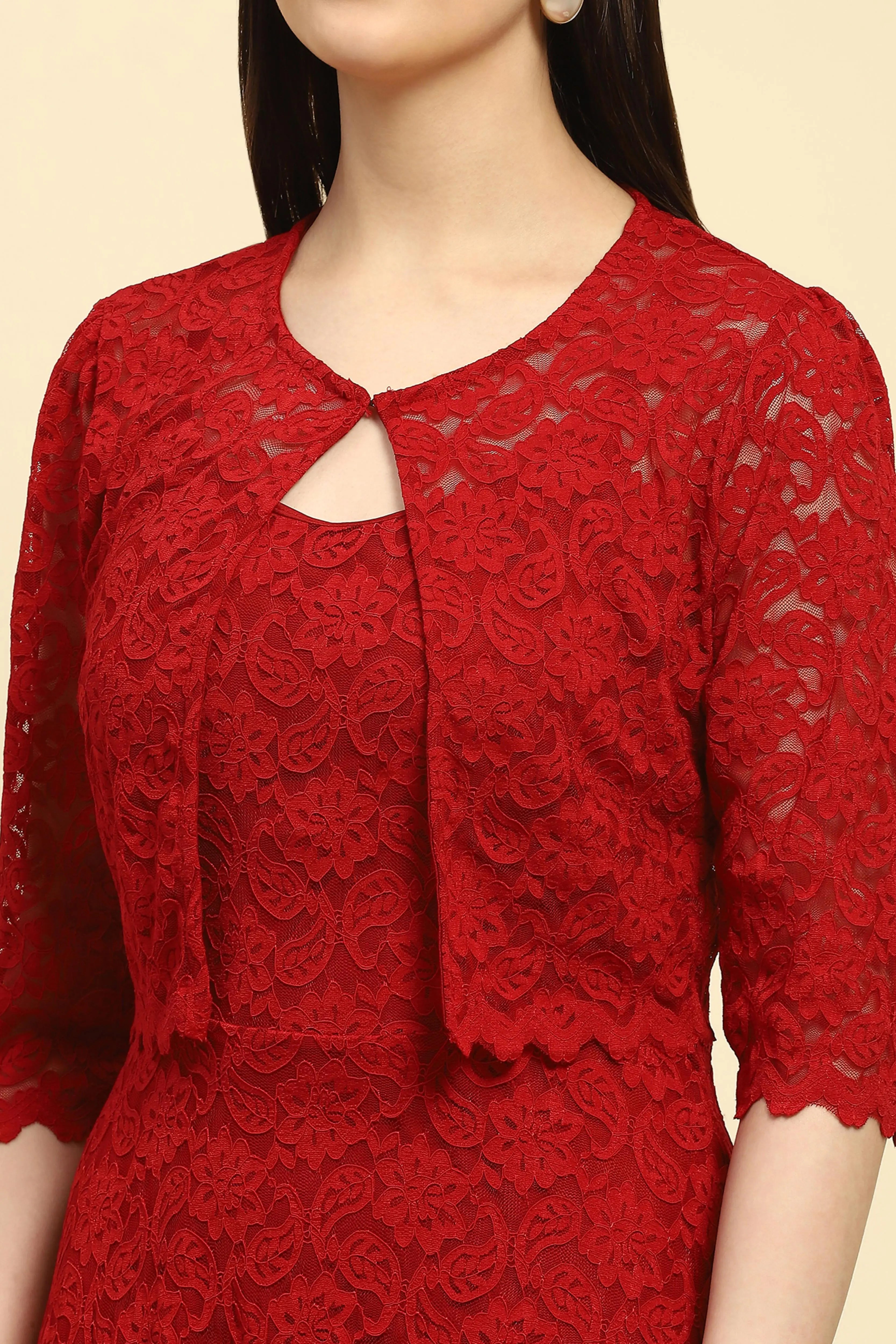 Maroon Floral Lace Fit & Flare Dress - Global Republic