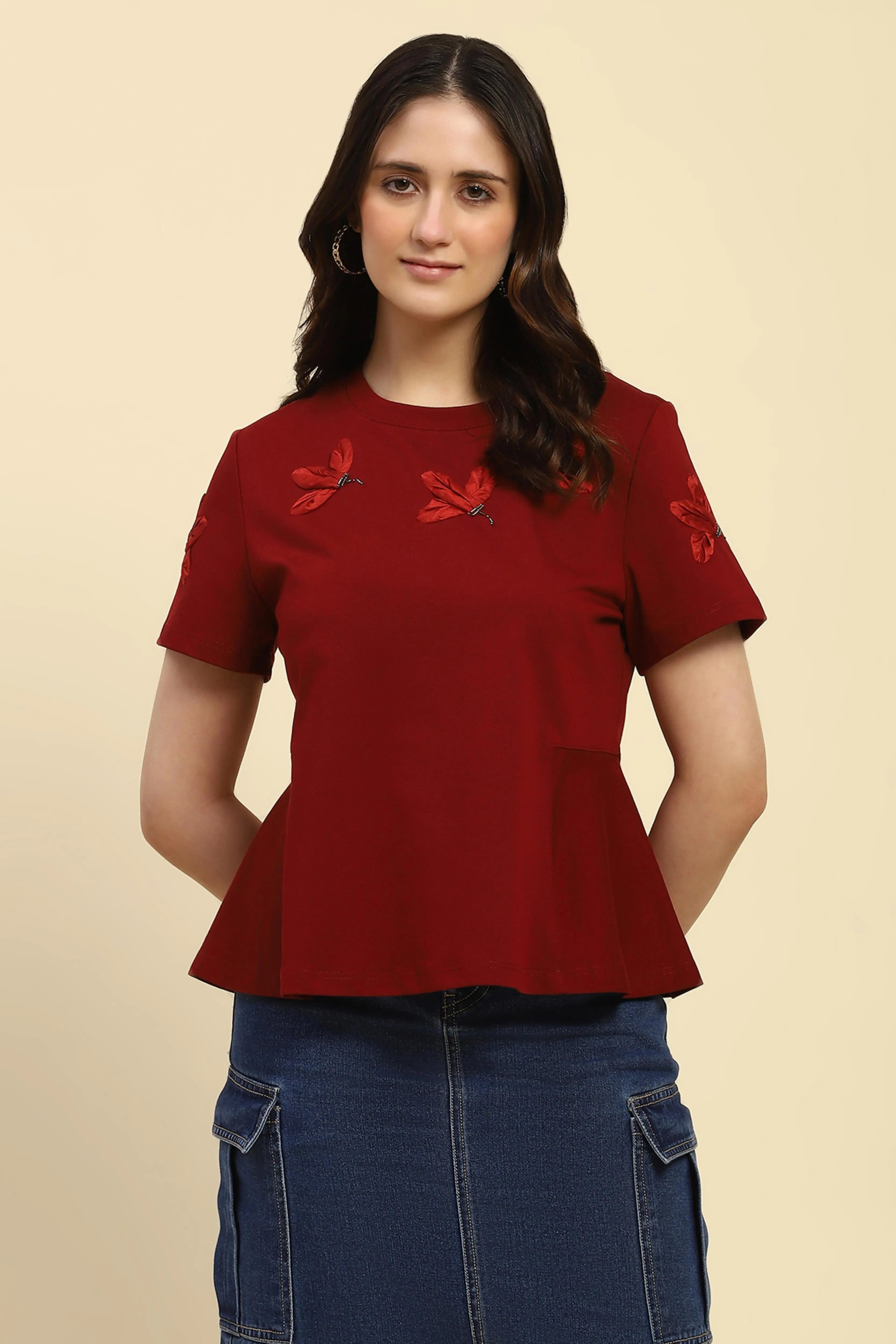 Maroon Applique UV Protection Top - Global Republic
