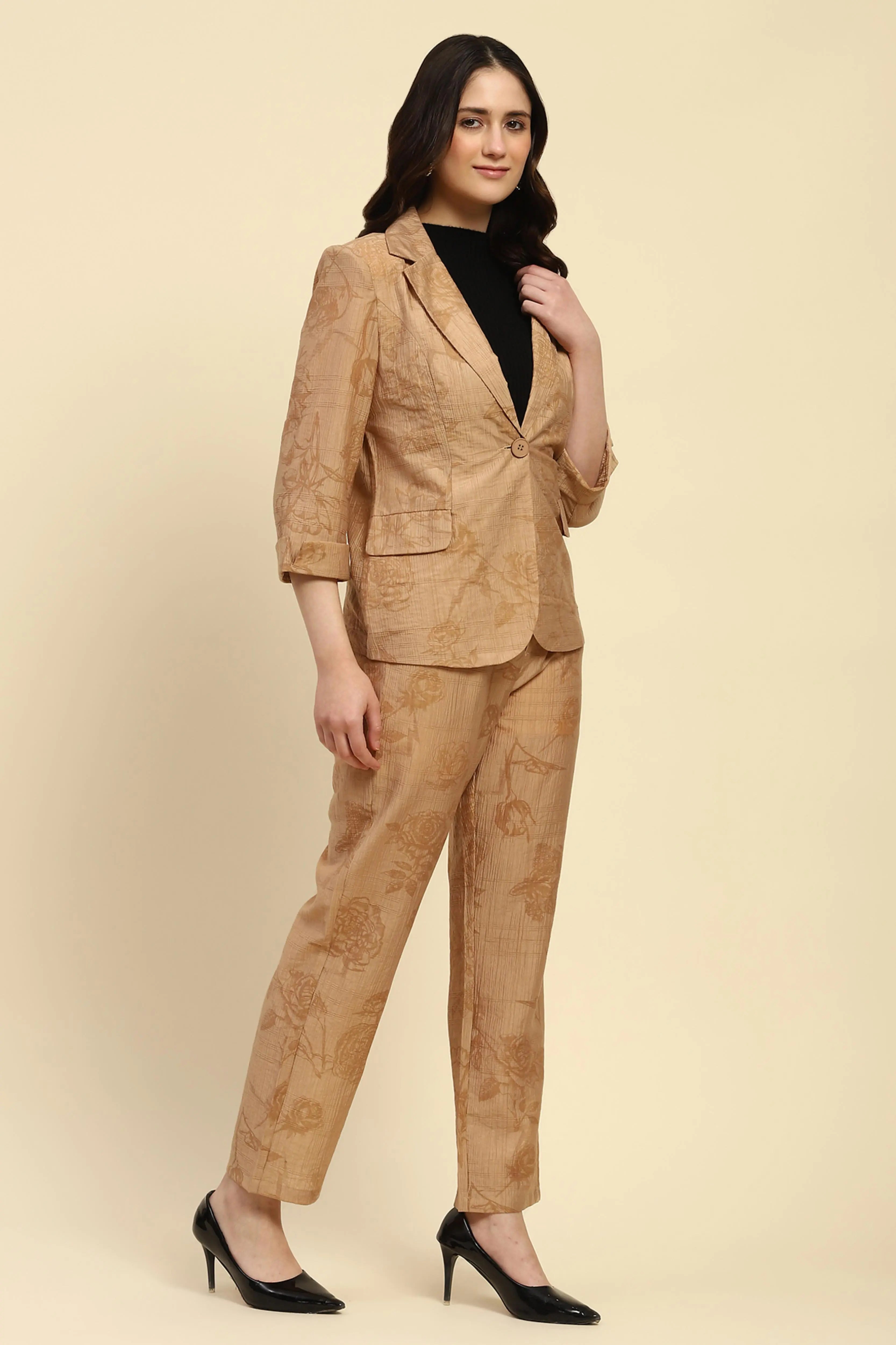 Beige Floral Tencel Relaxed Co-ord Set - Global Republic