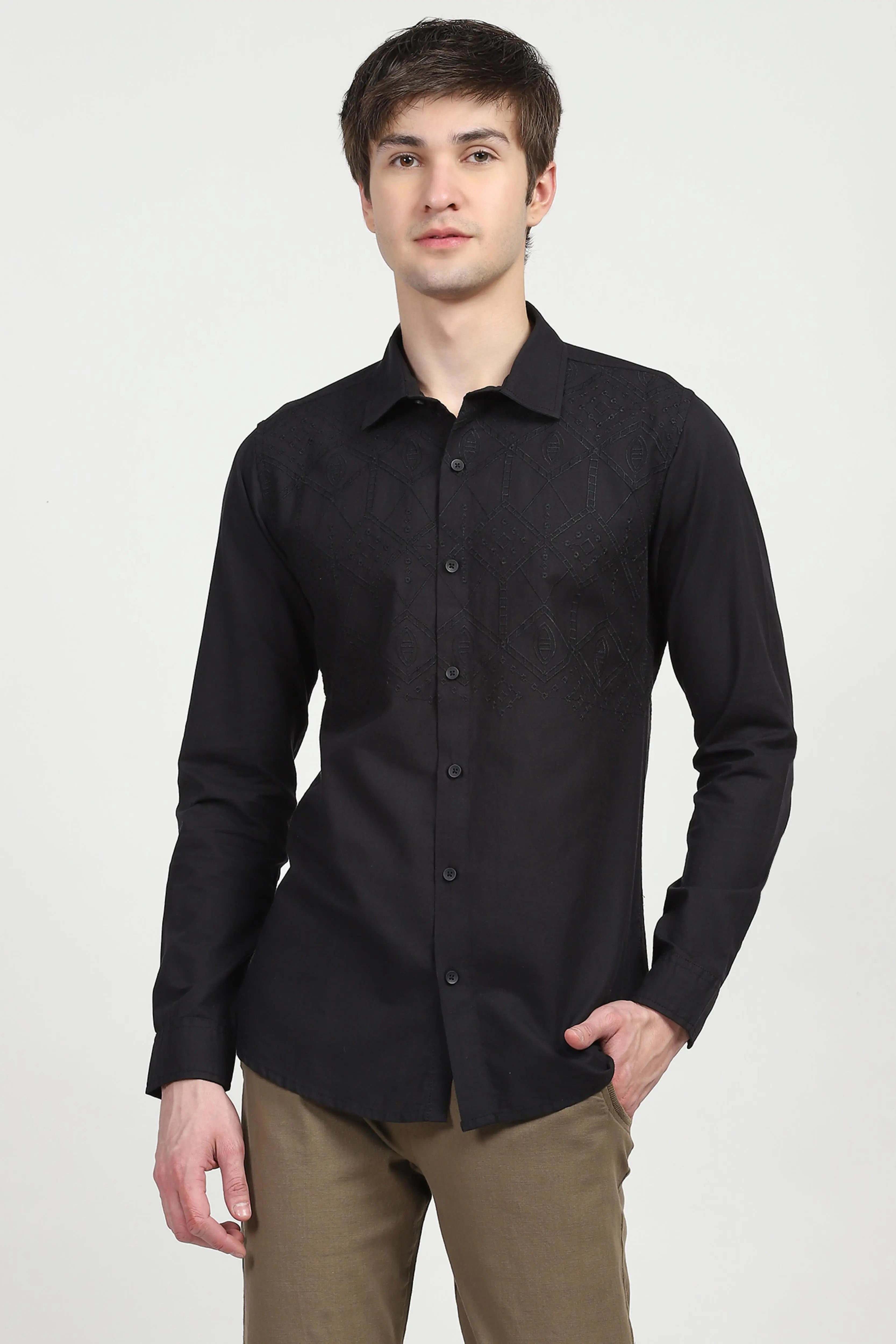 Black Embroidered Cotton Shirt - Global Republic