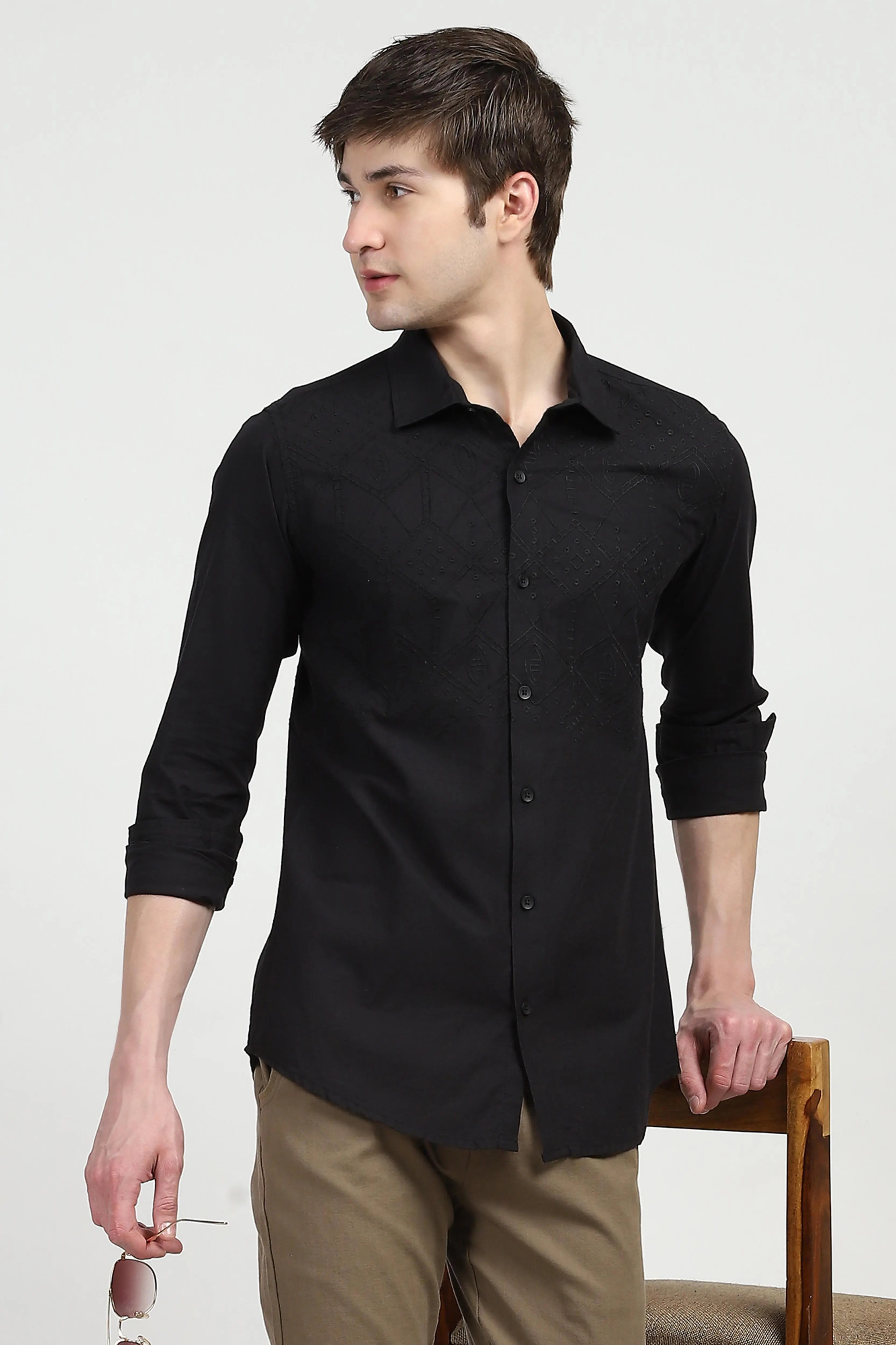 Black Embroidered Cotton Shirt - Global Republic