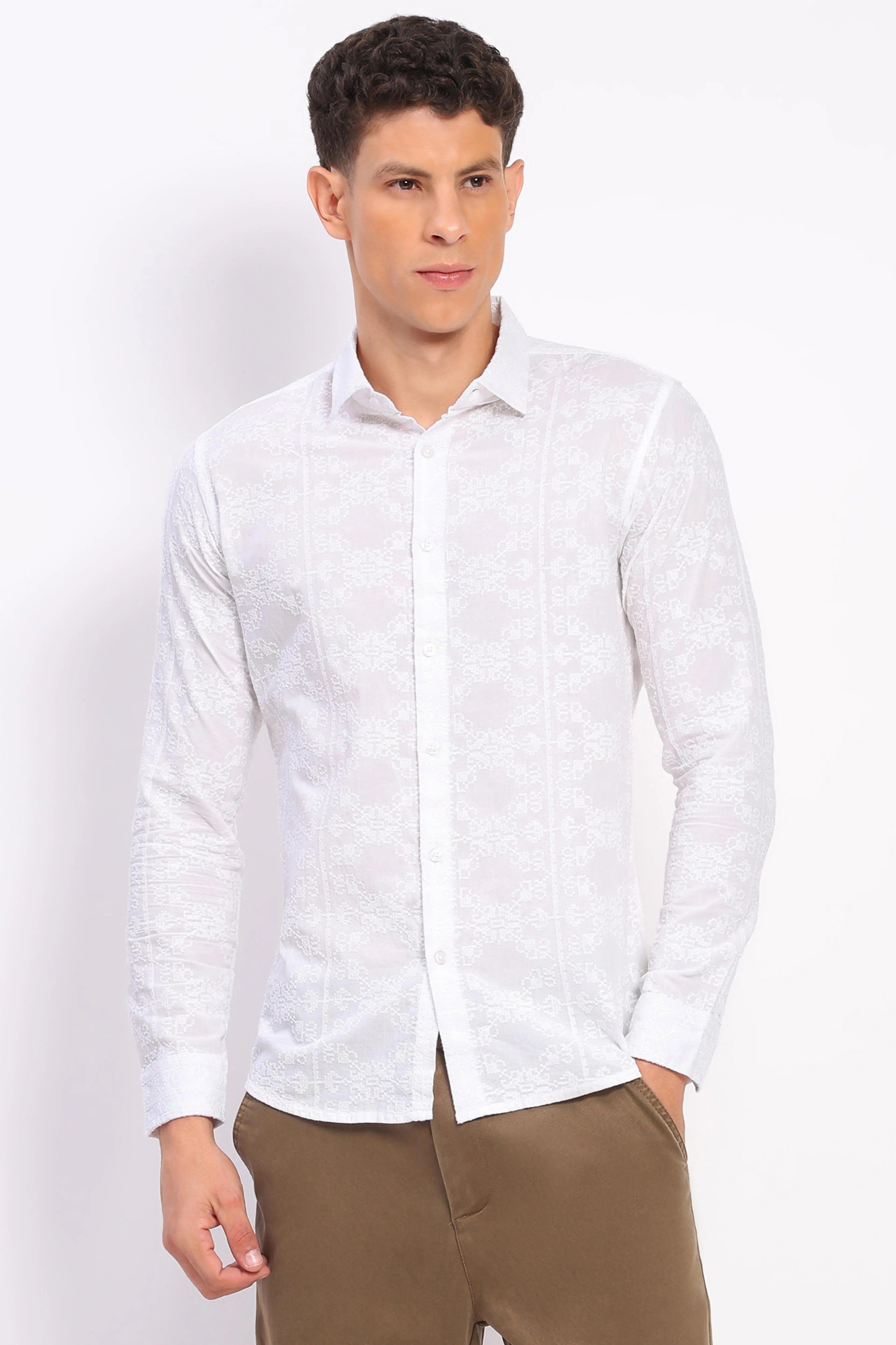 White Cotton Embroidered Shirt