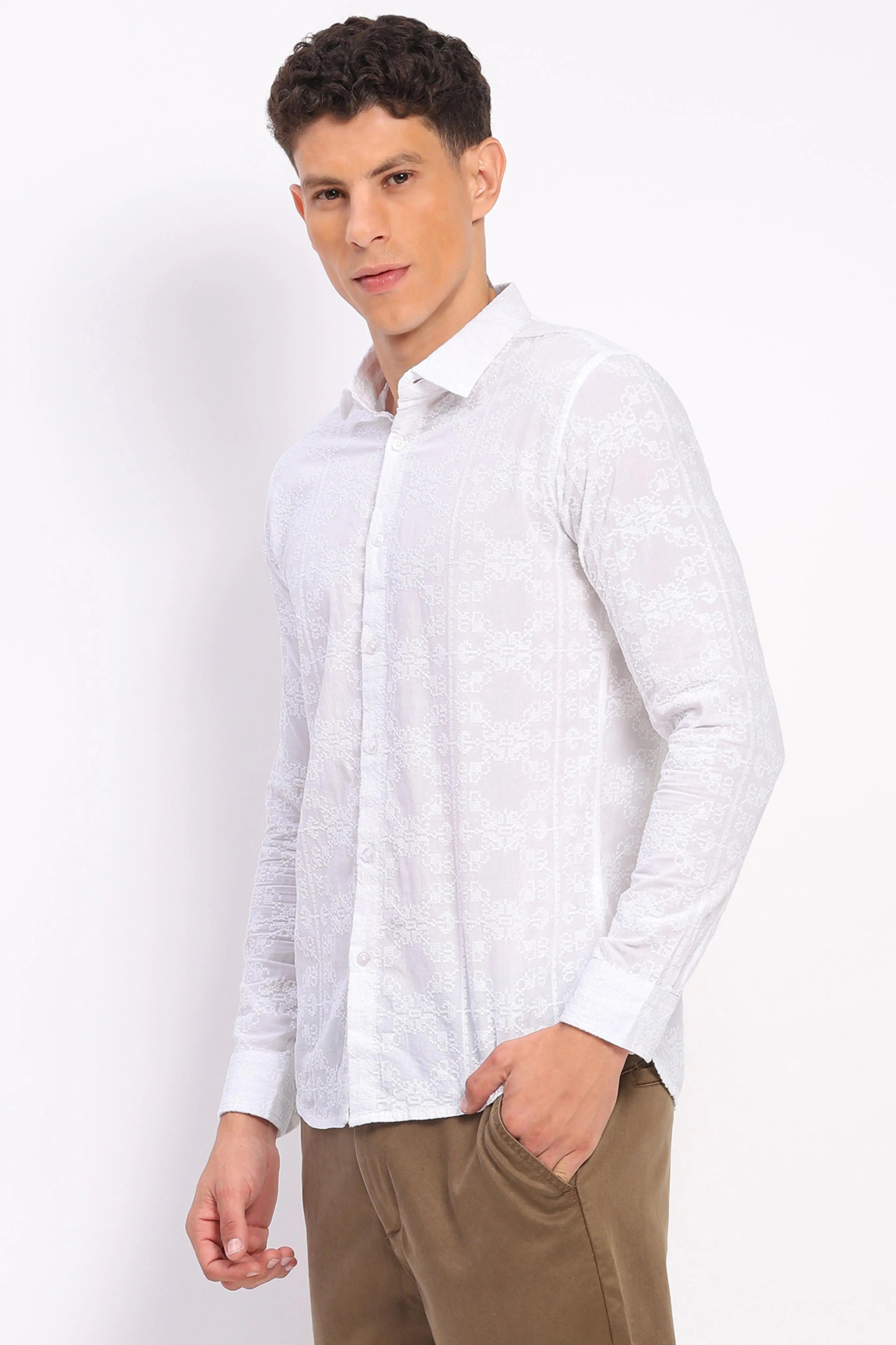 White Cotton Embroidered Shirt