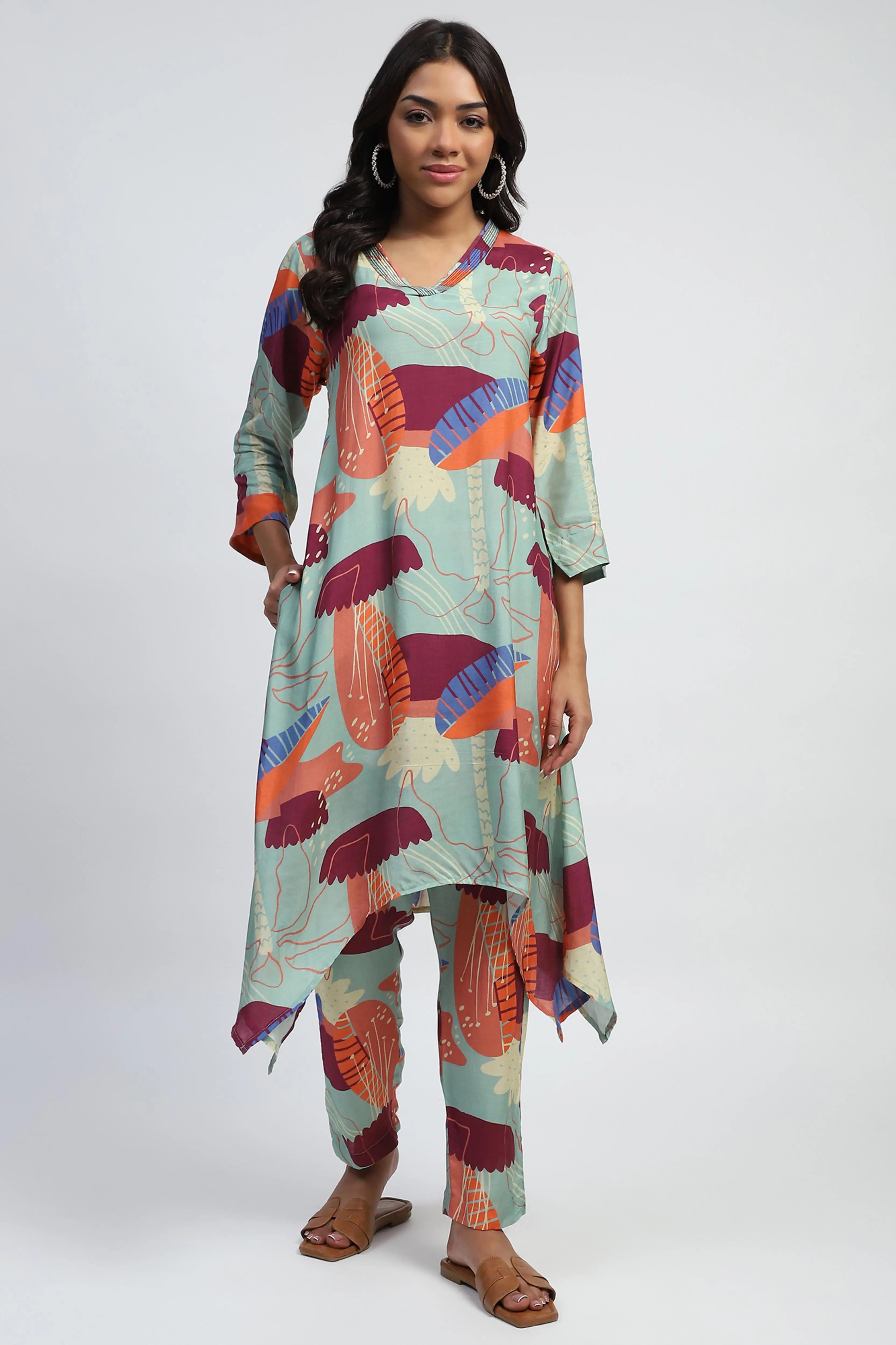 Multi  Abstract Print Rayon Kurta Set - Global Republic