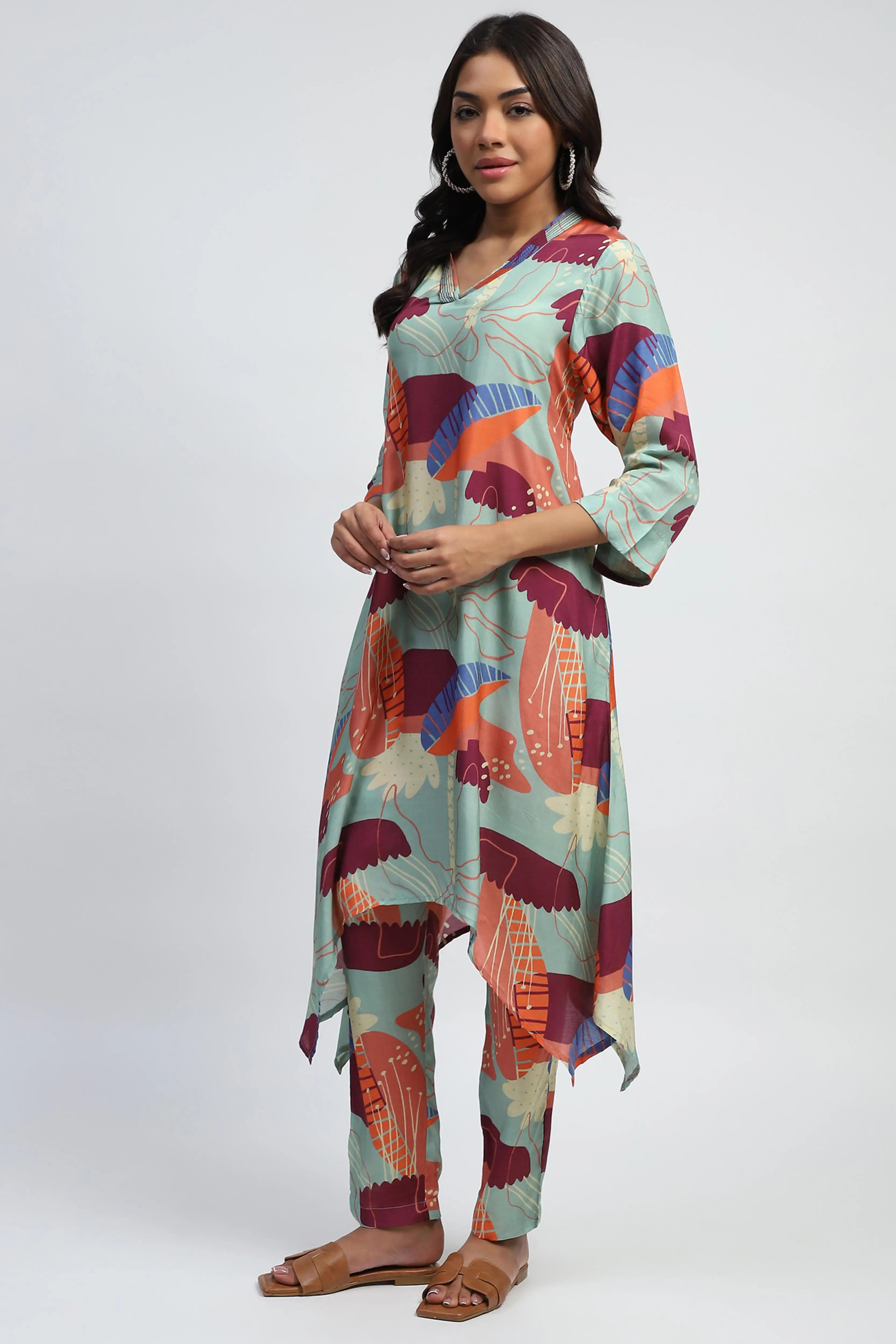 Multi  Abstract Print Rayon Kurta Set - Global Republic