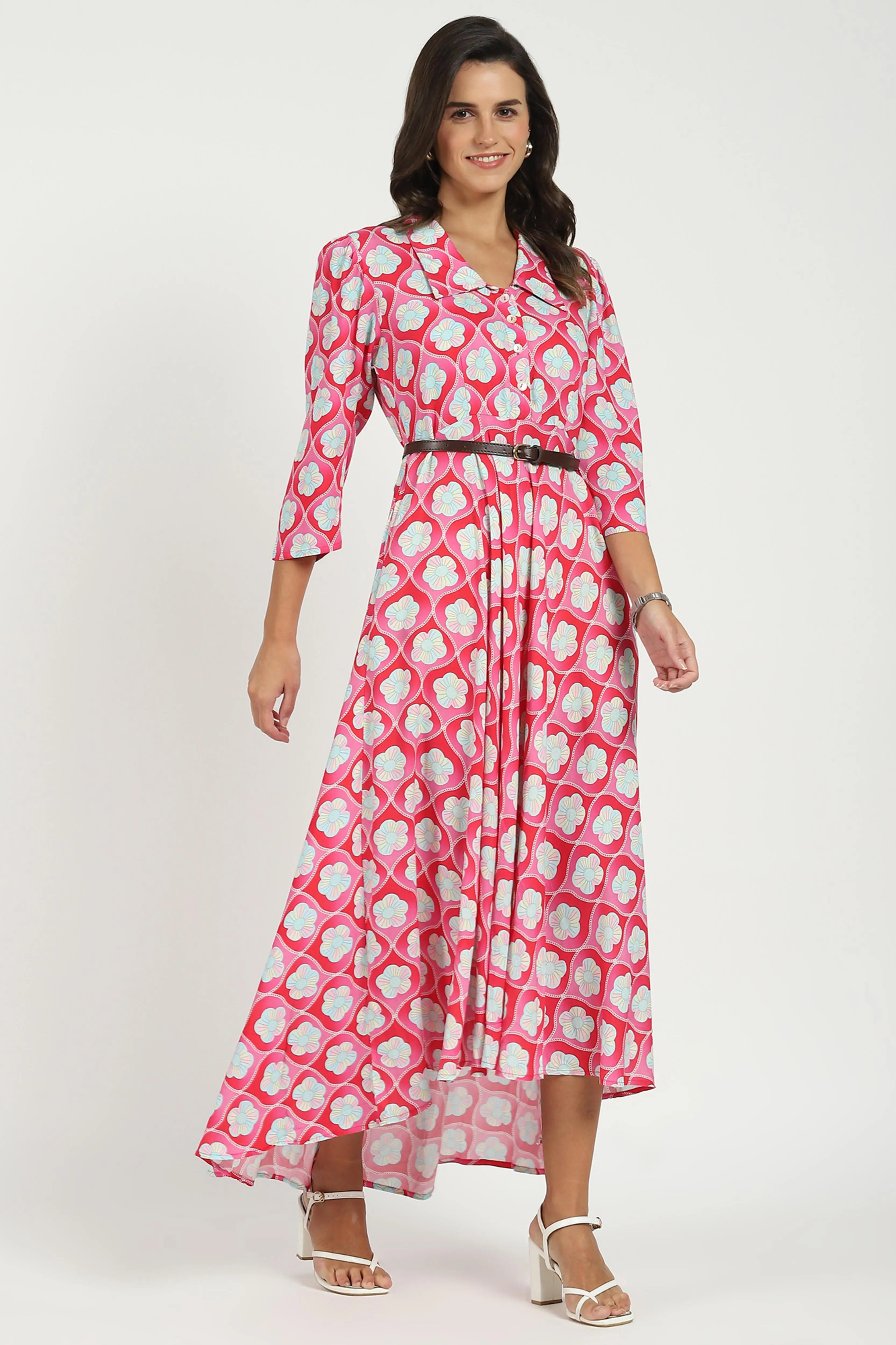 Pink Floral Maxi Dress With Belt - Global Republic