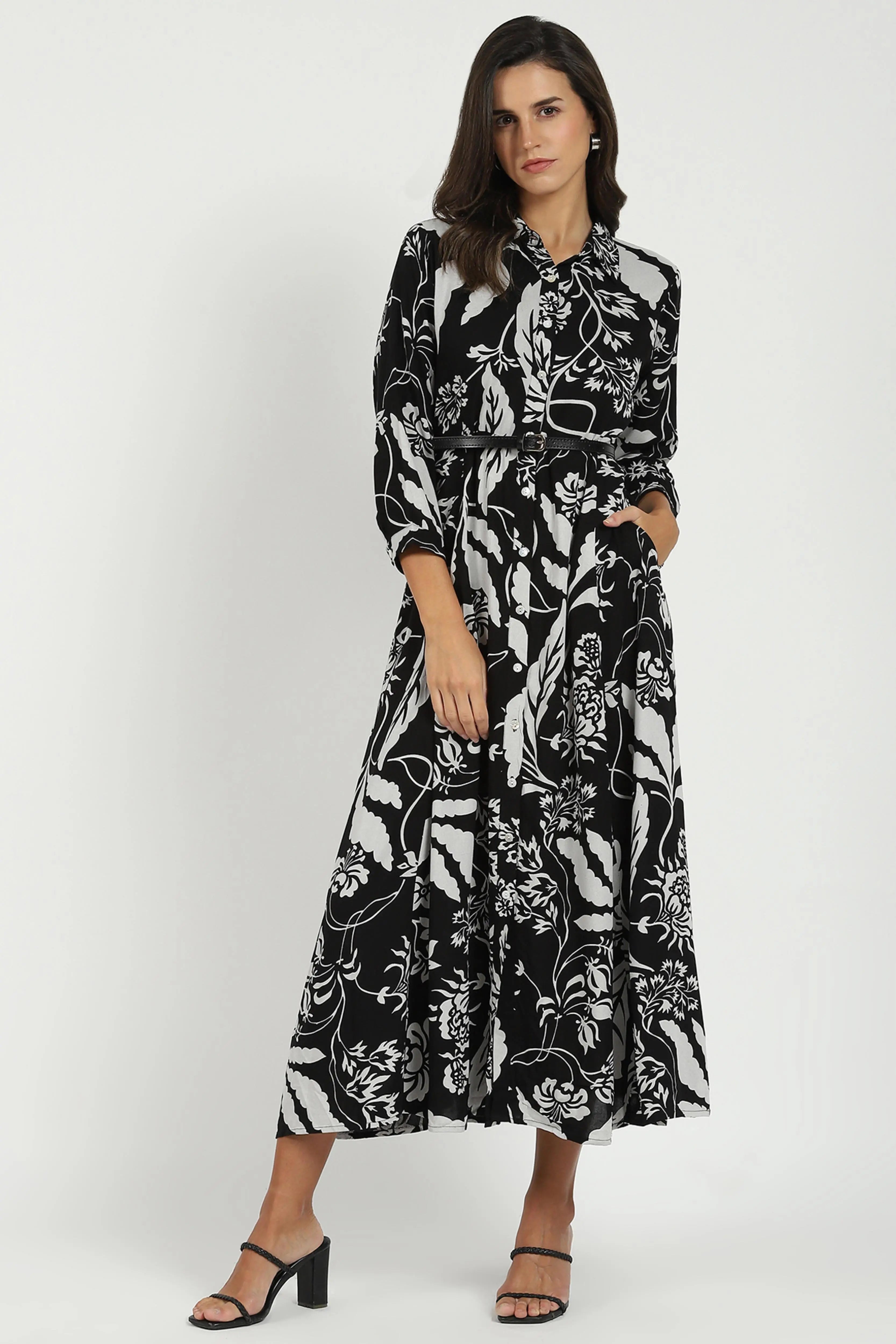 Black Printed Maxi Dress With Belt - Global Republic
