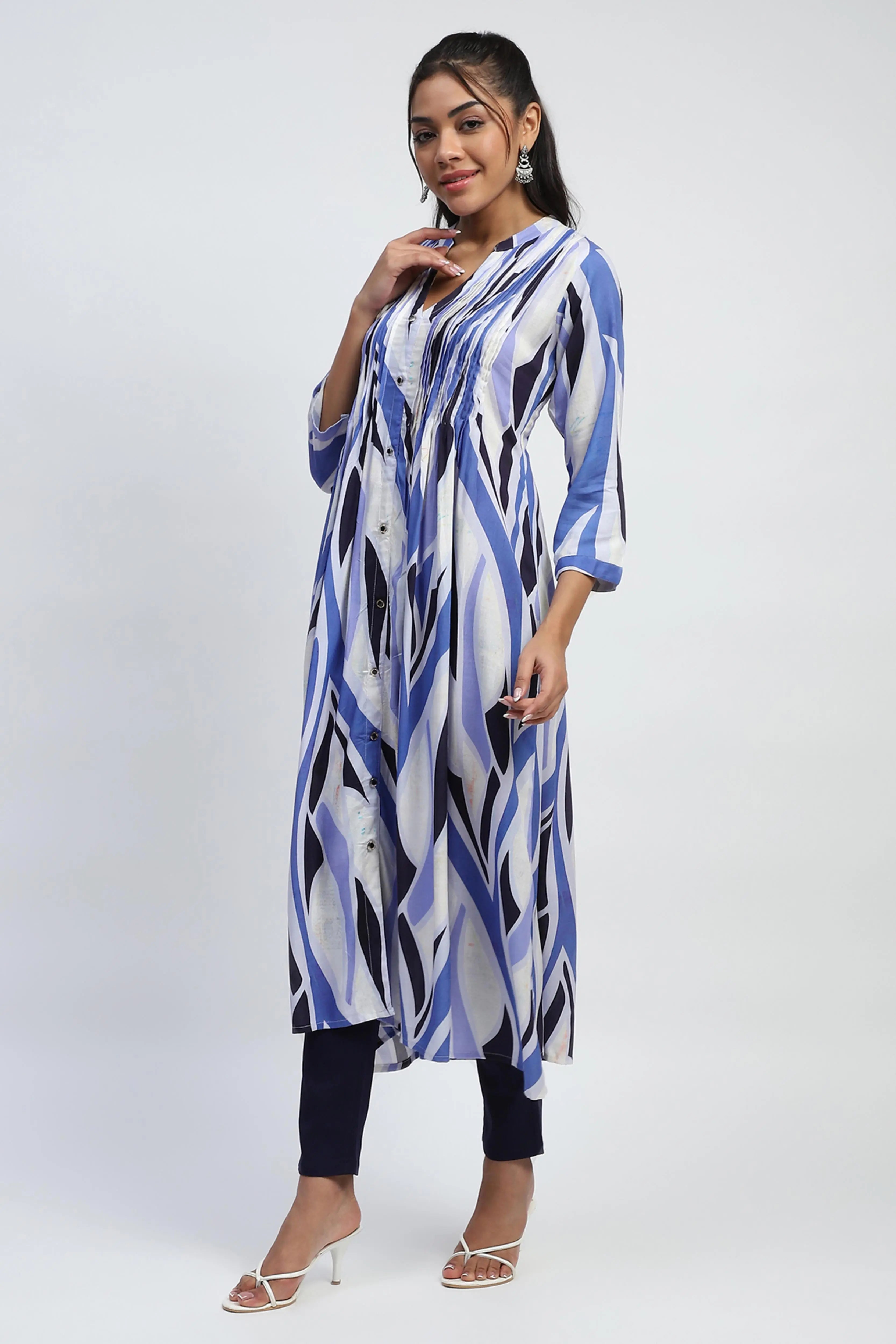 Blue Abstract Cotton Long Kurta/Dress - Global Republic