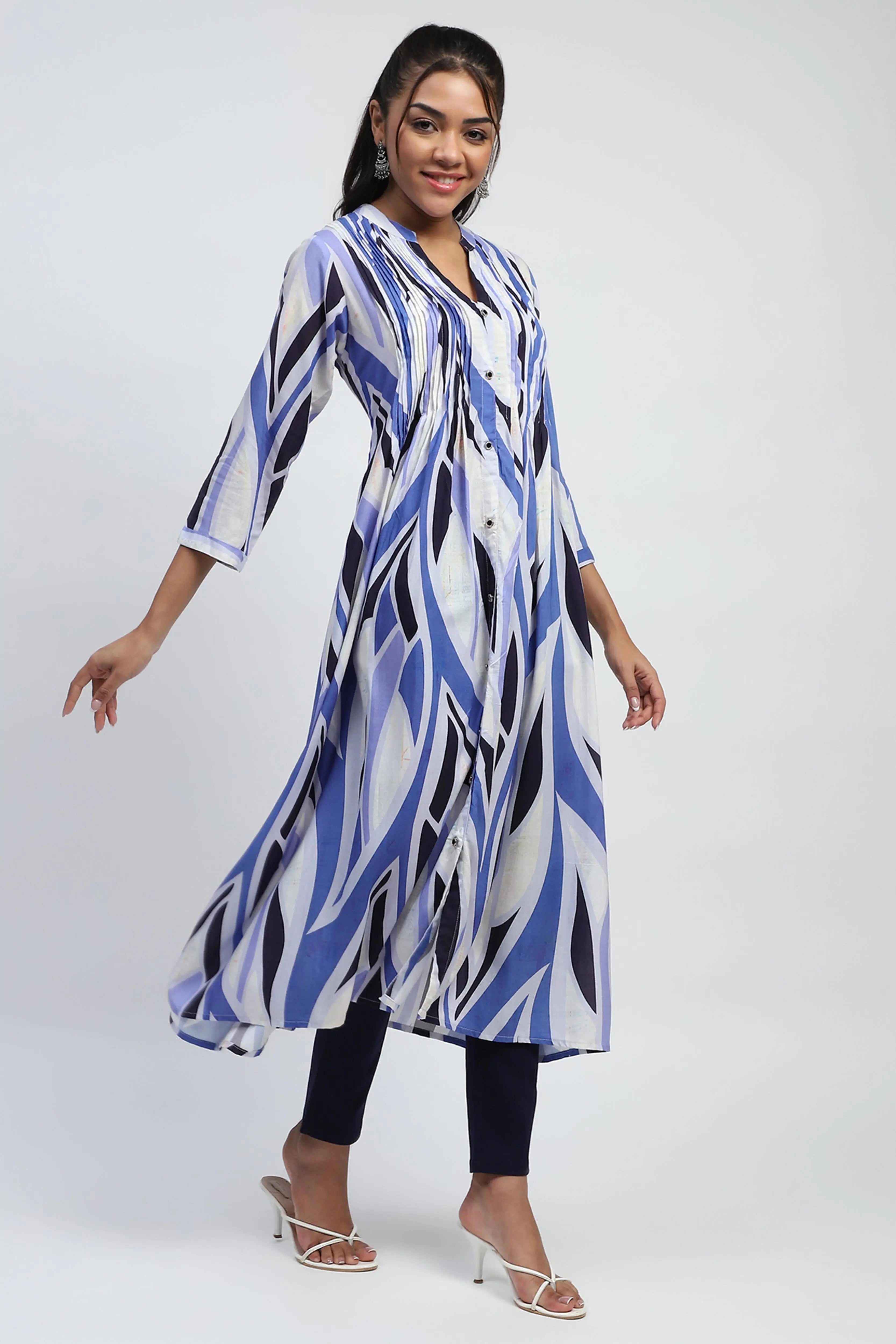 Blue Abstract Cotton Long Kurta/Dress - Global Republic