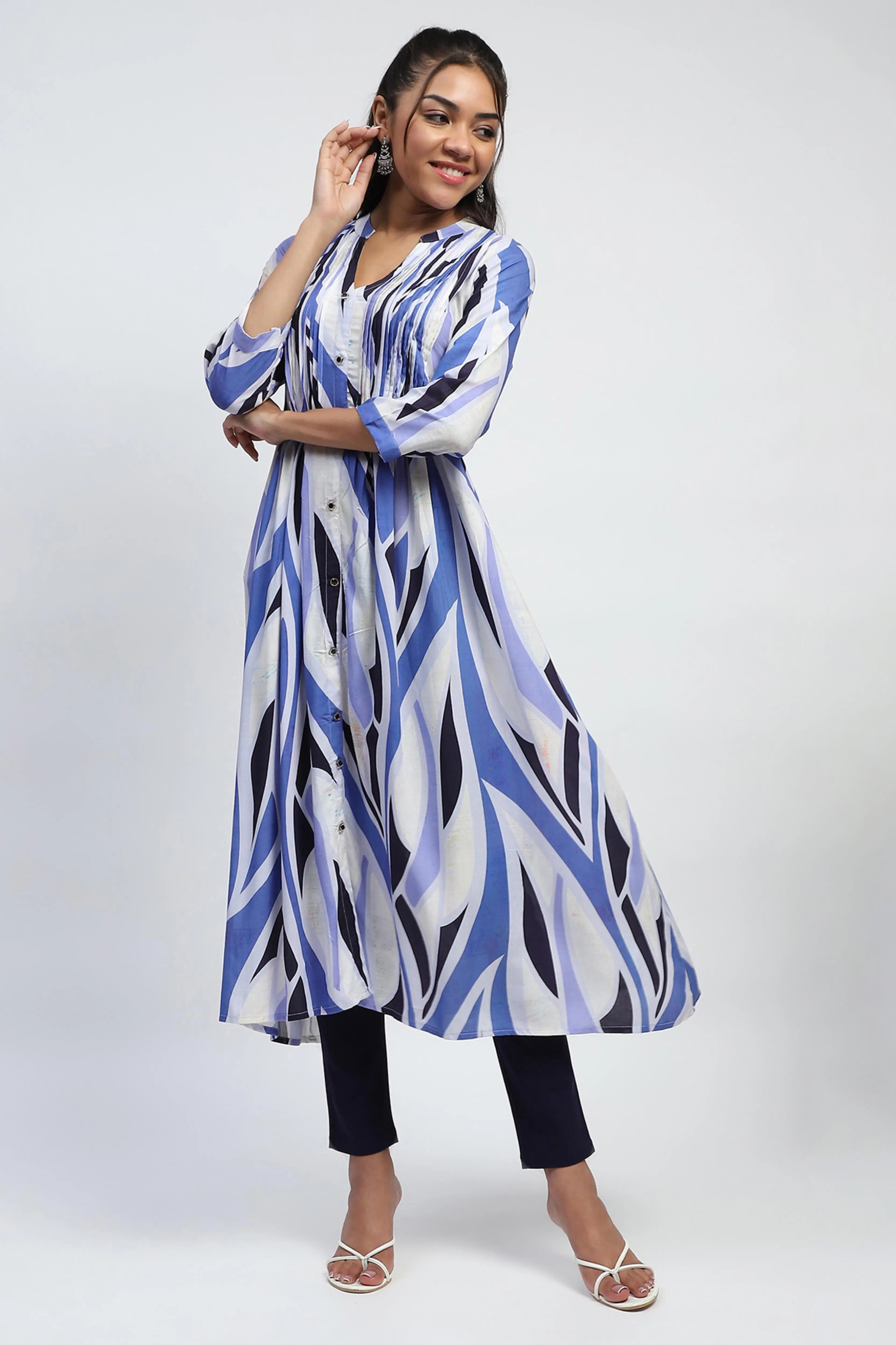 Blue Abstract Cotton Long Kurta/Dress - Global Republic