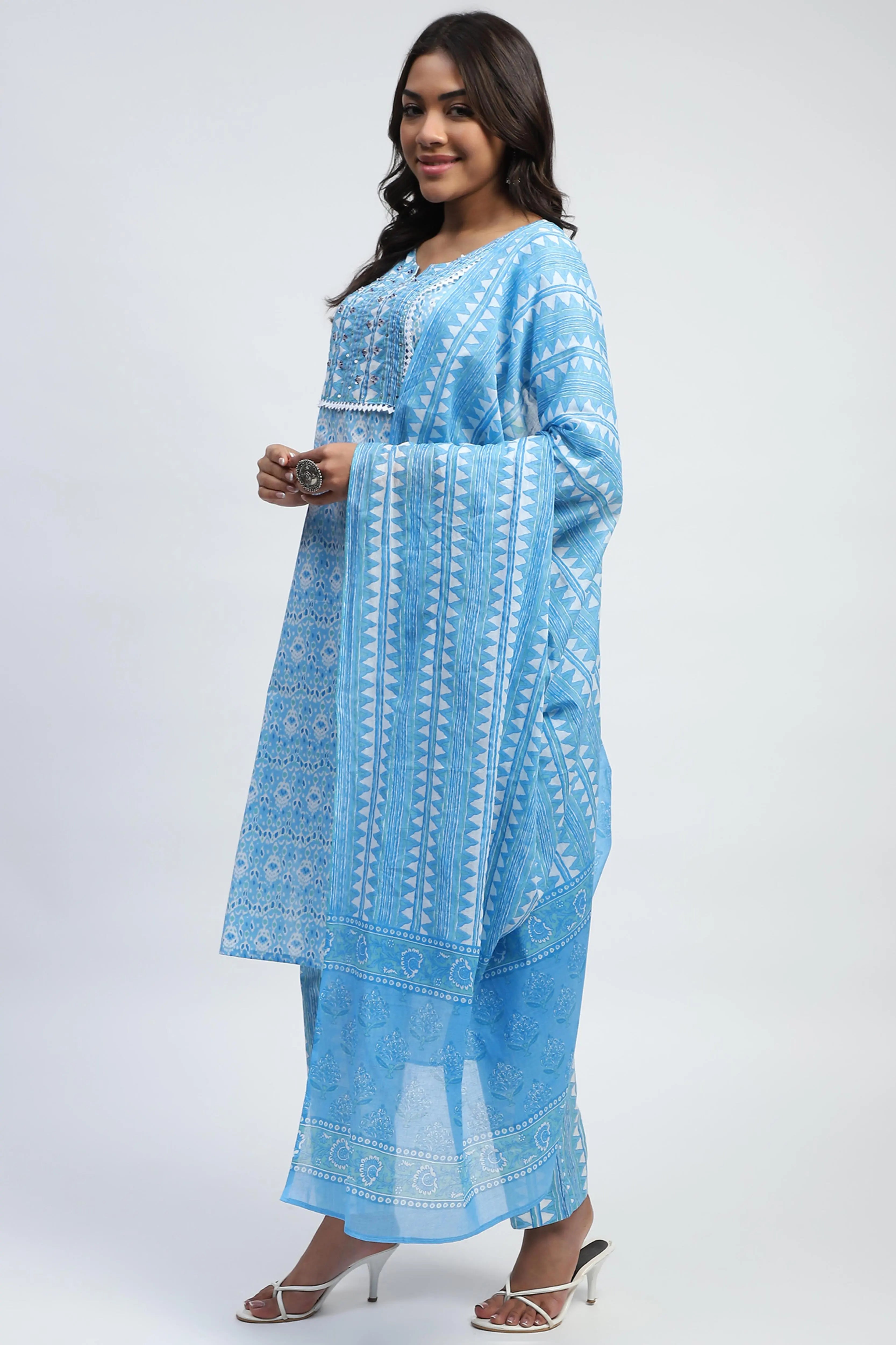 Blue Printed Cotton Suit Set - Global Republic