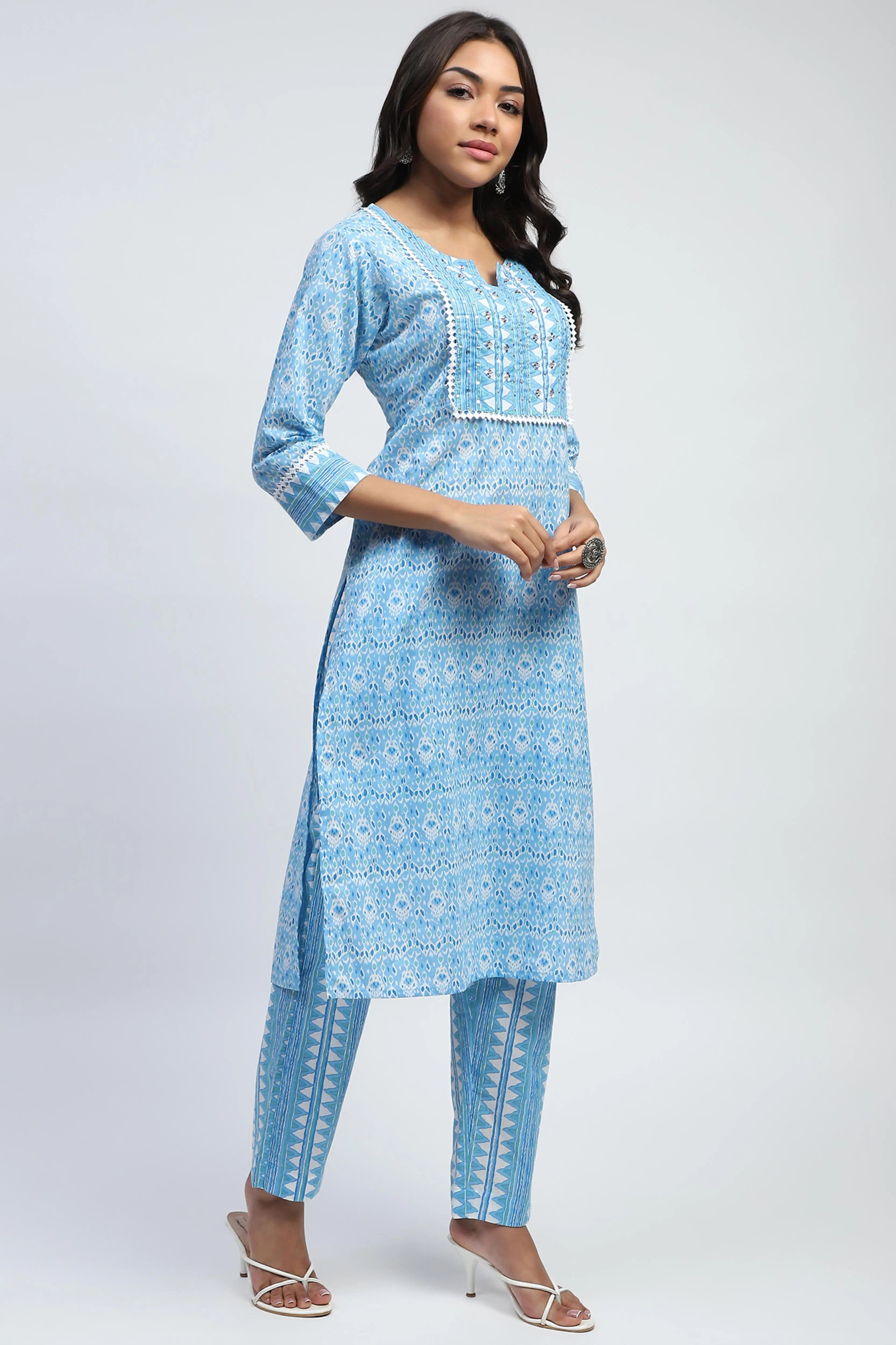 Blue Printed Cotton Suit Set - Global Republic