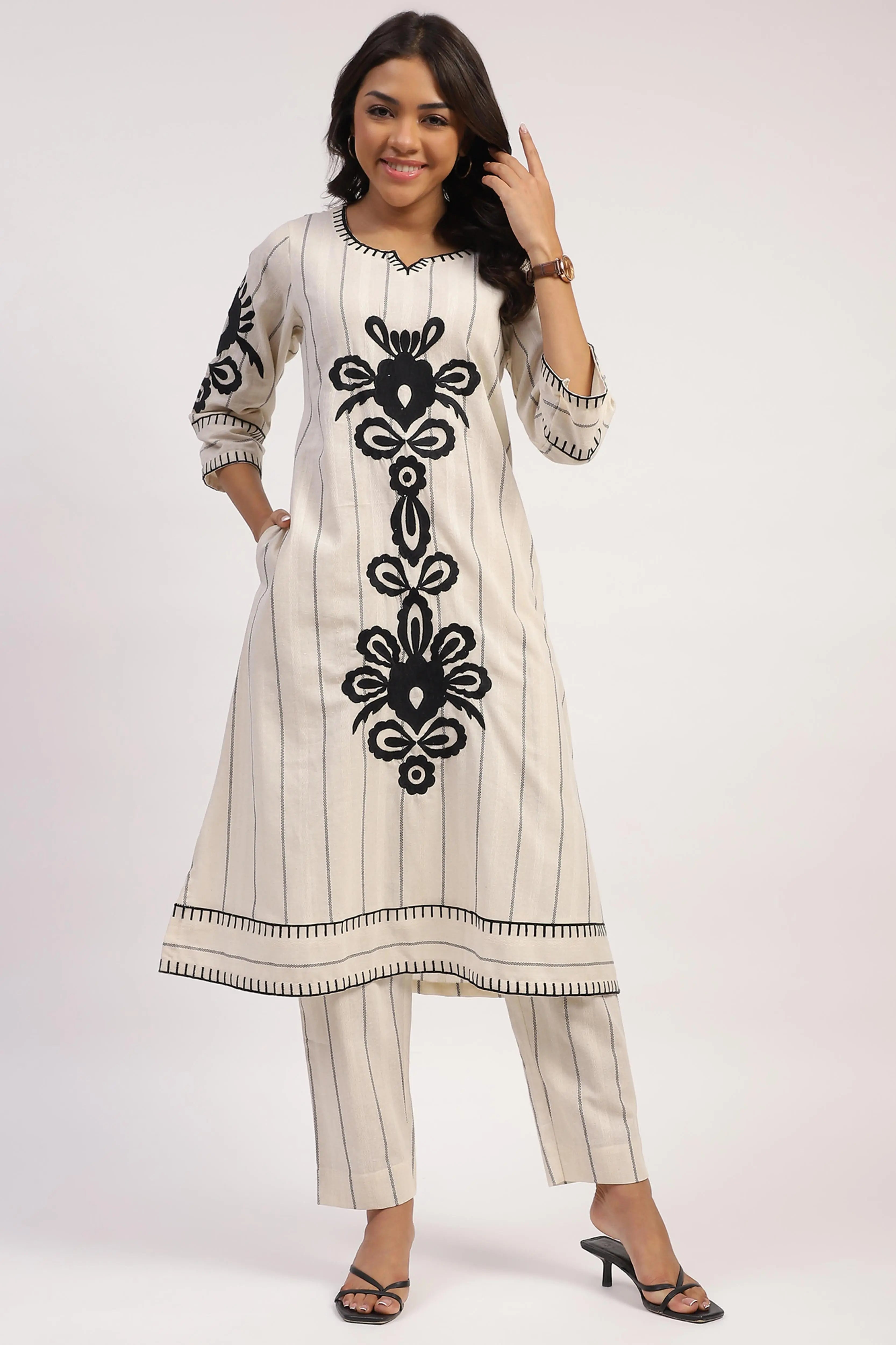 Embroidered Cotton Linen Kurta Set - Global Republic