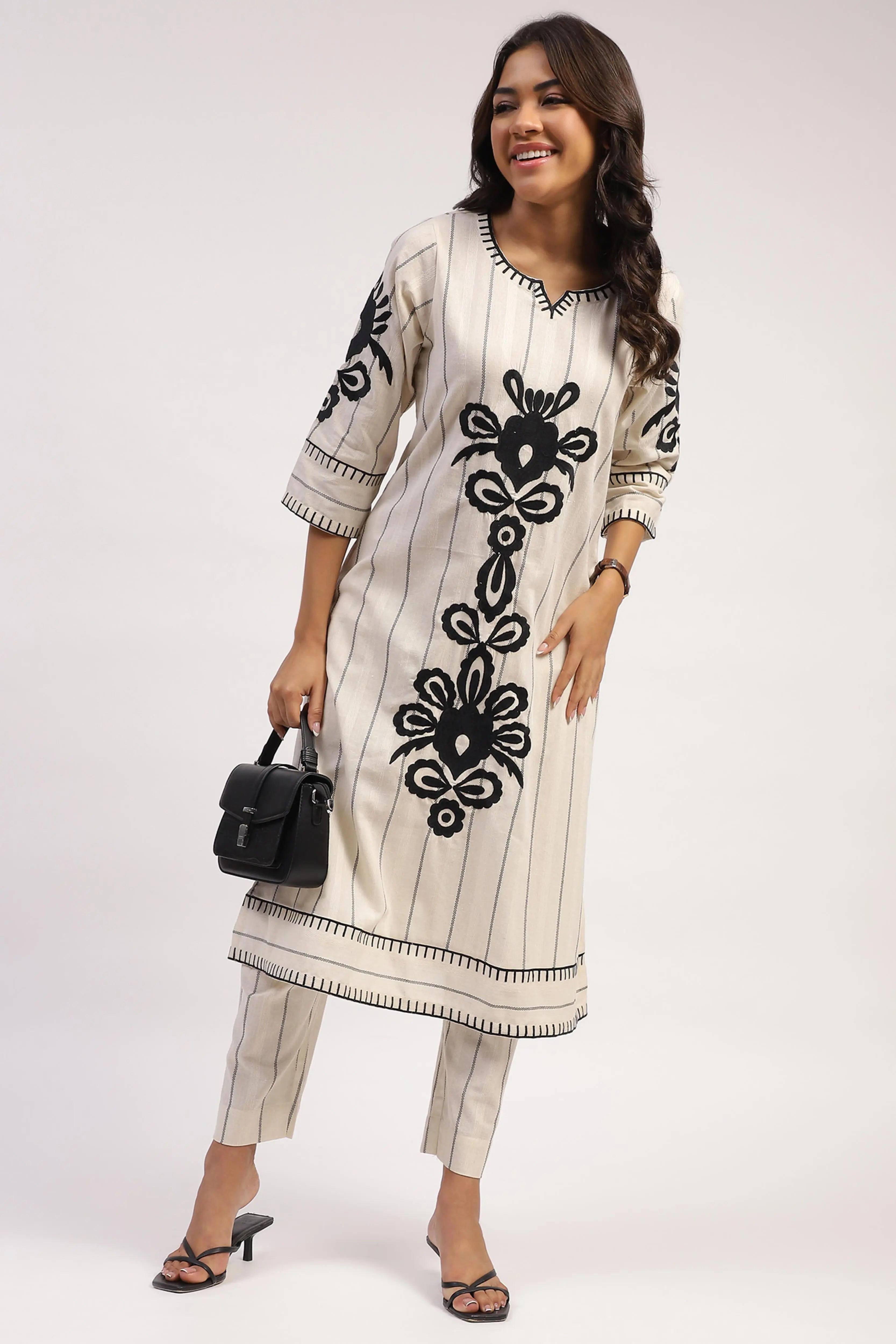 Embroidered Cotton Linen Kurta Set - Global Republic