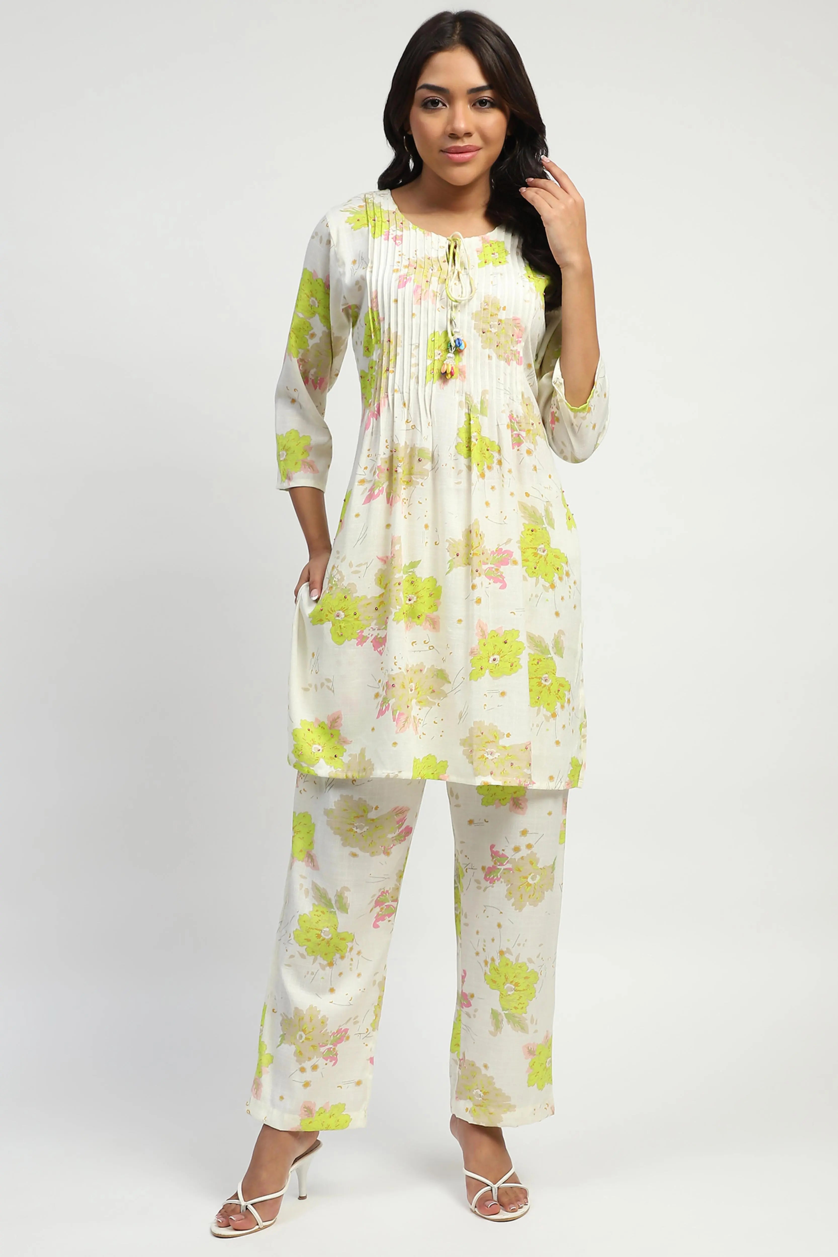 White & Green Floral Cotton Kurta Set - Global Republic