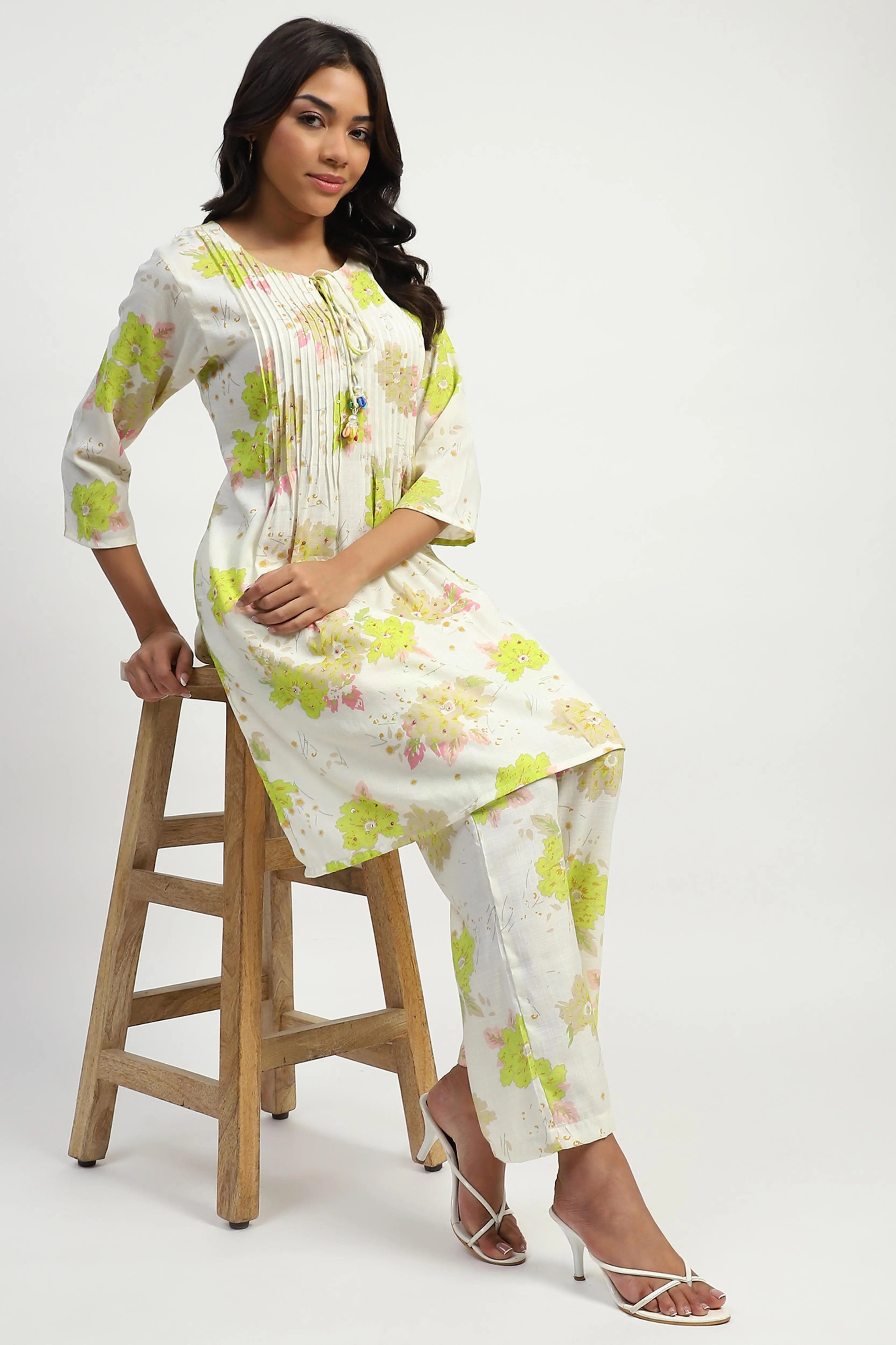 White & Green Floral Cotton Kurta Set - Global Republic
