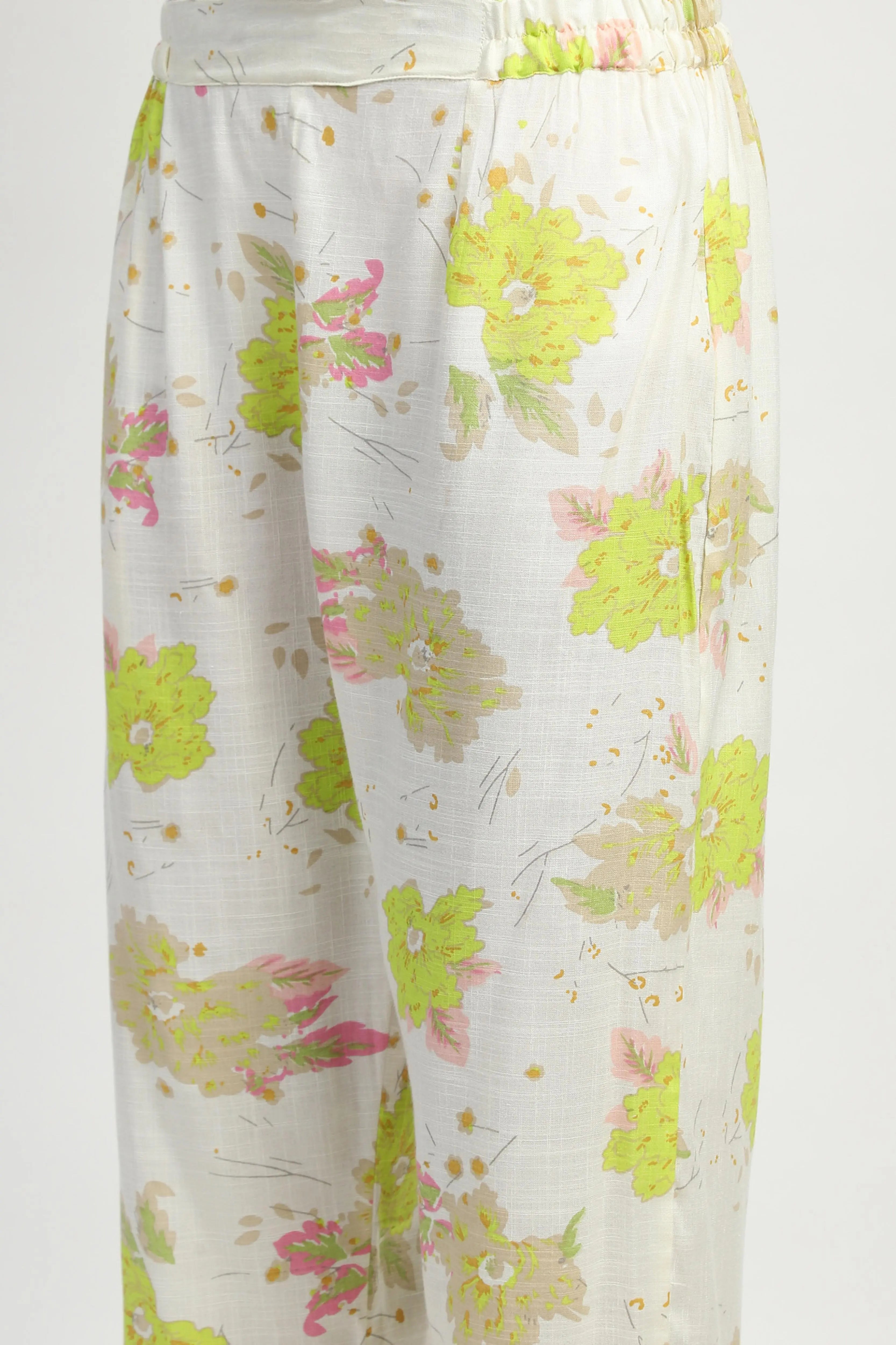 White & Green Floral Cotton Kurta Set - Global Republic