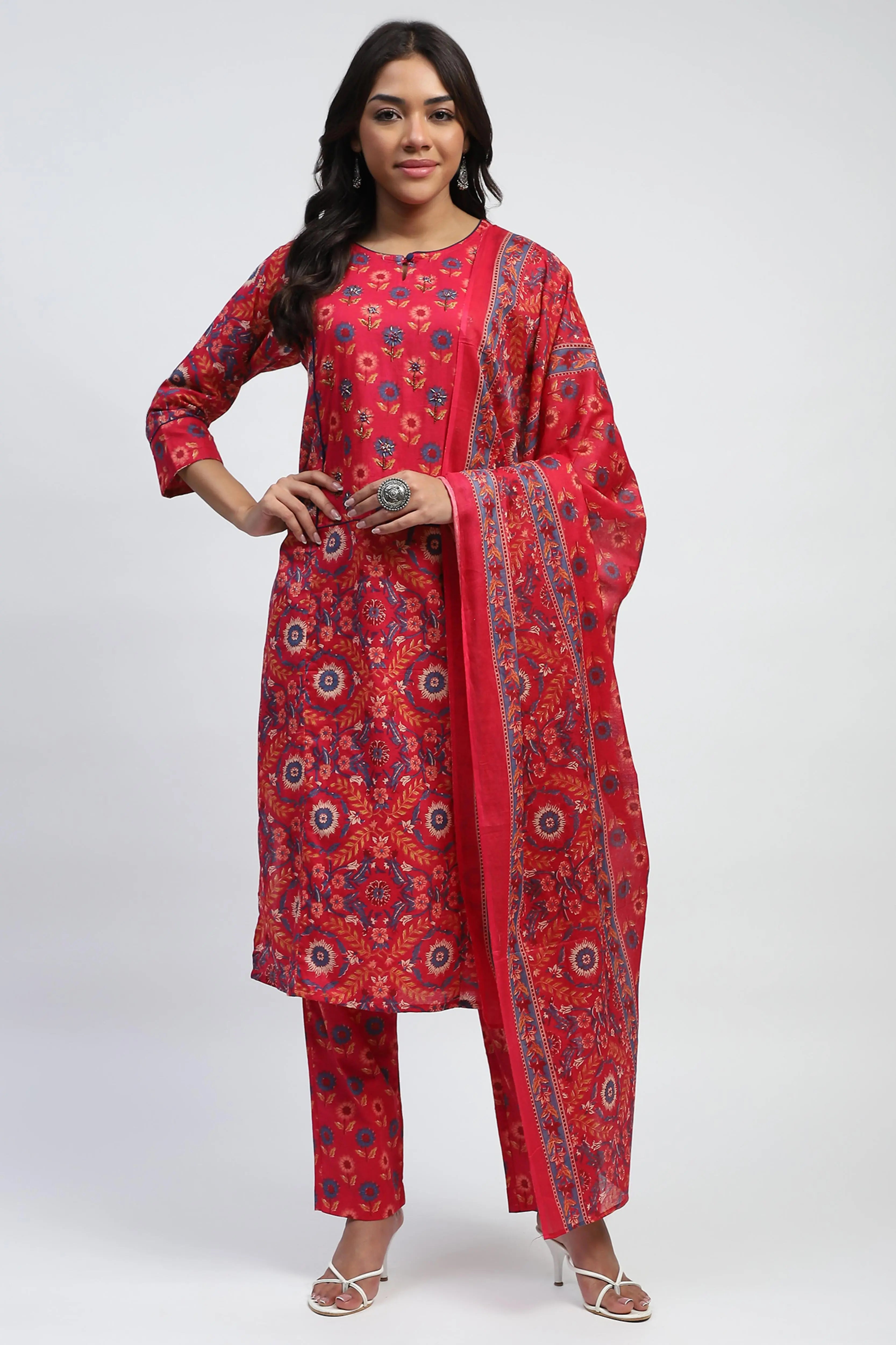 Magenta Floral Embroidered Suit Set - Global Republic