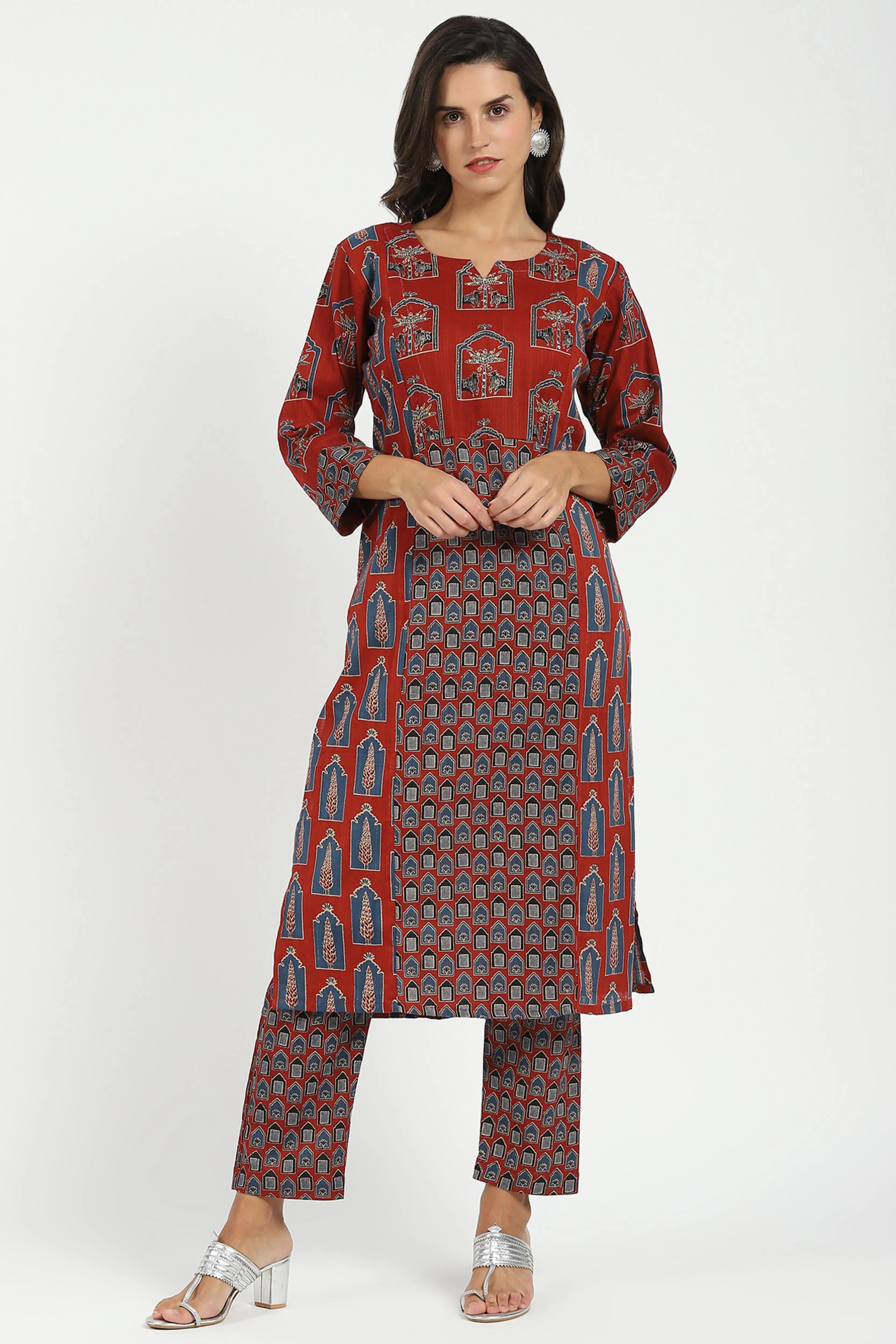 Maroon Ajrakh Embellsihed Cotton Kurta - Global Republic