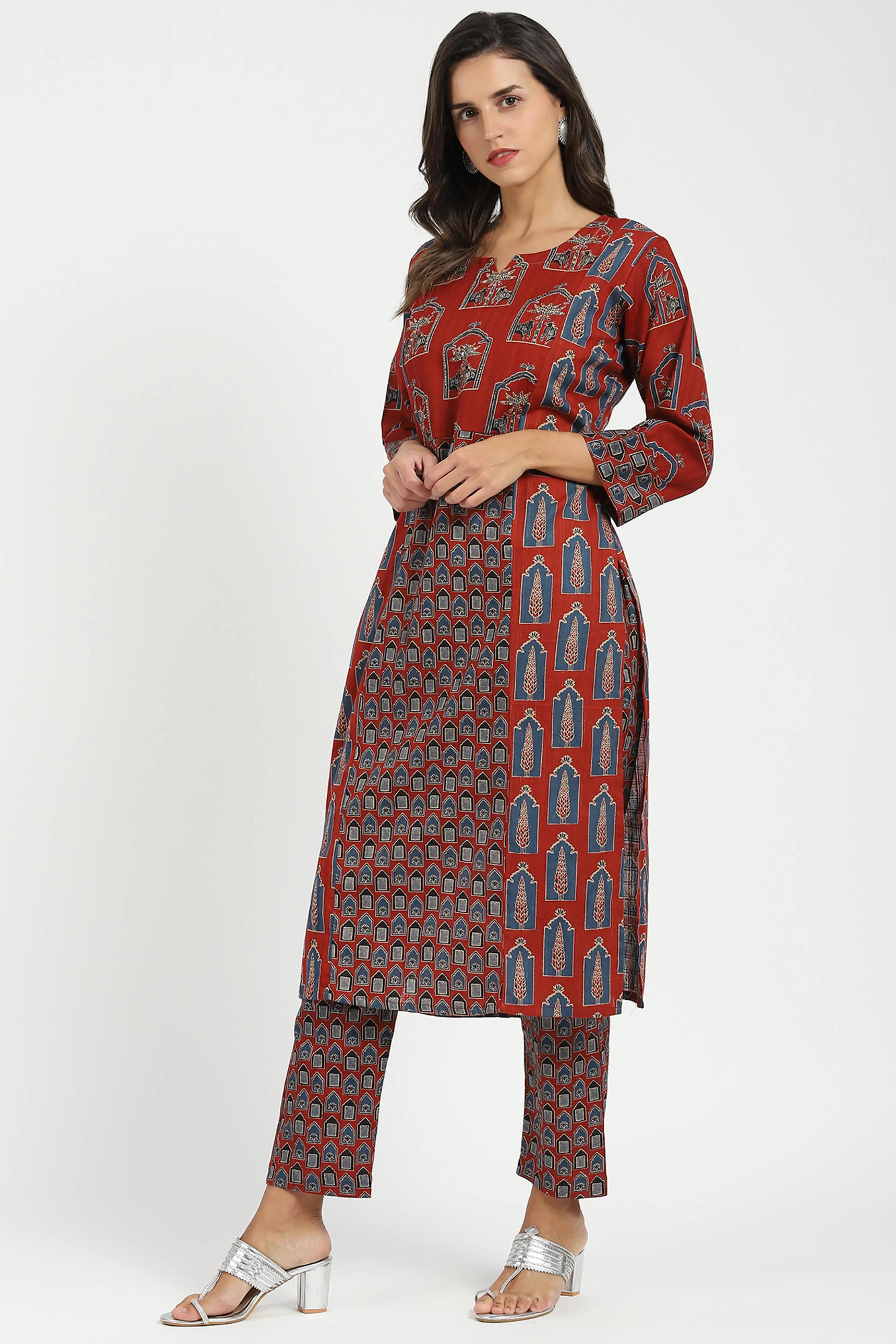 Maroon Ajrakh Embellsihed Cotton Kurta - Global Republic