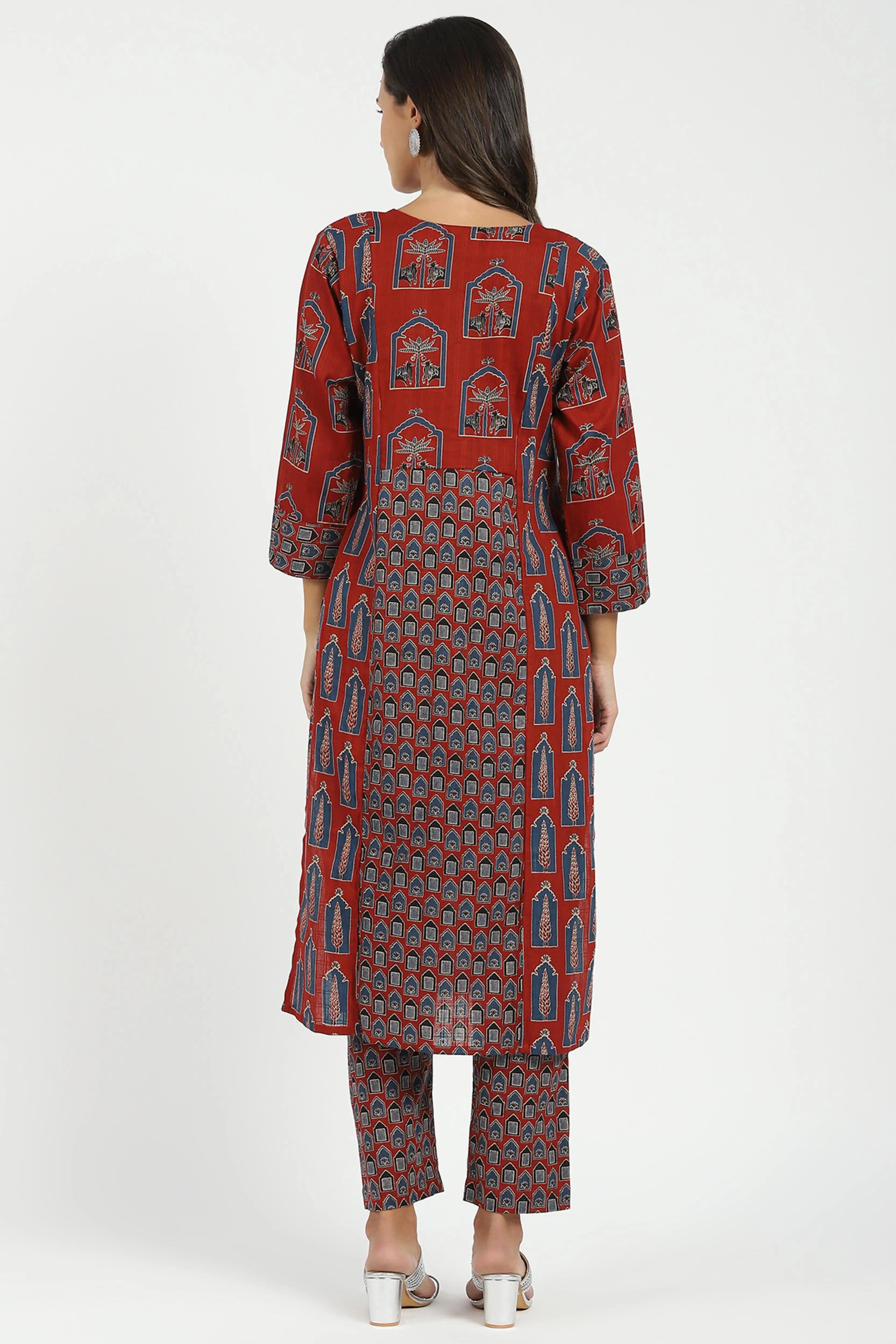 Maroon Ajrakh Embellsihed Cotton Kurta - Global Republic