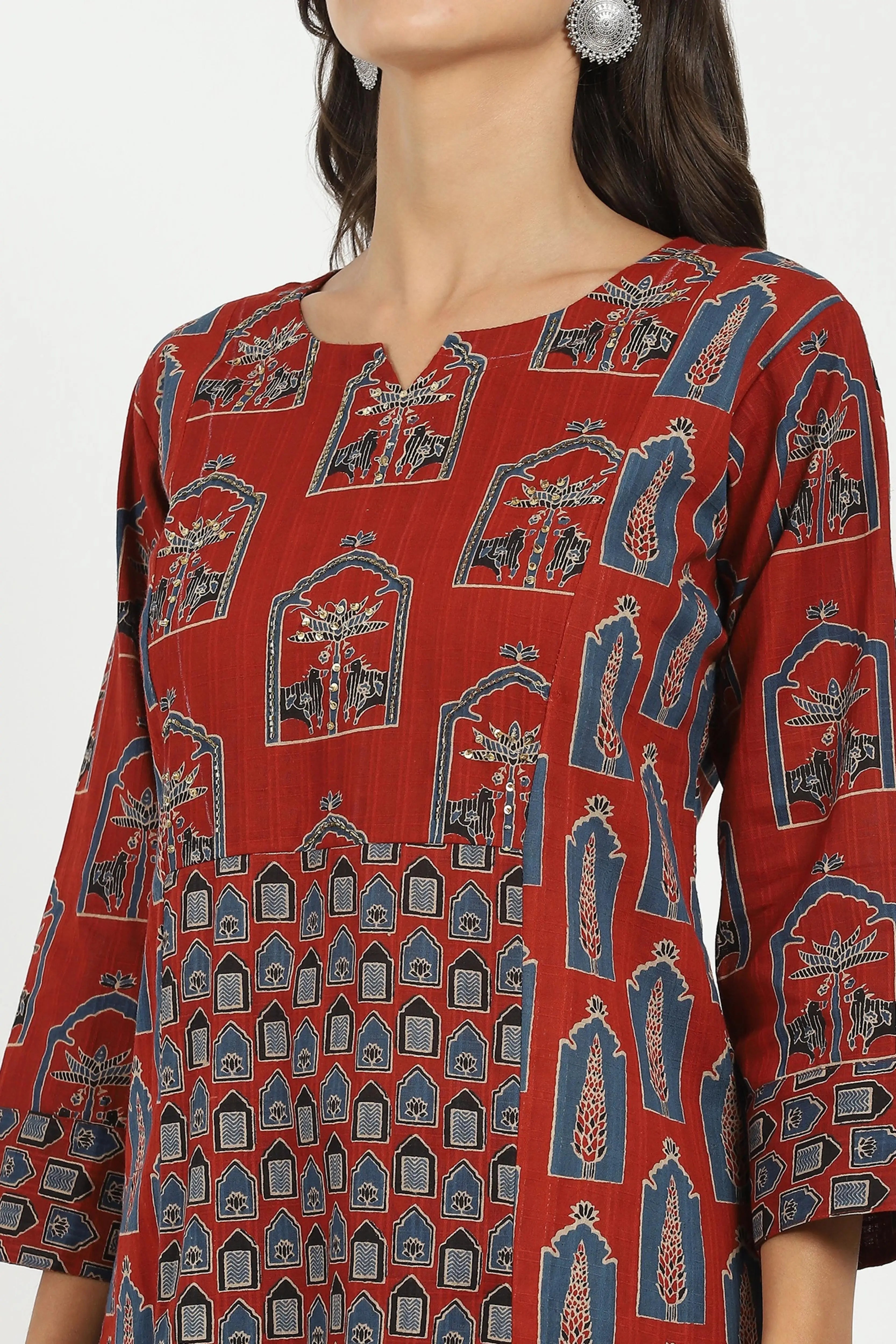 Maroon Ajrakh Embellsihed Cotton Kurta - Global Republic