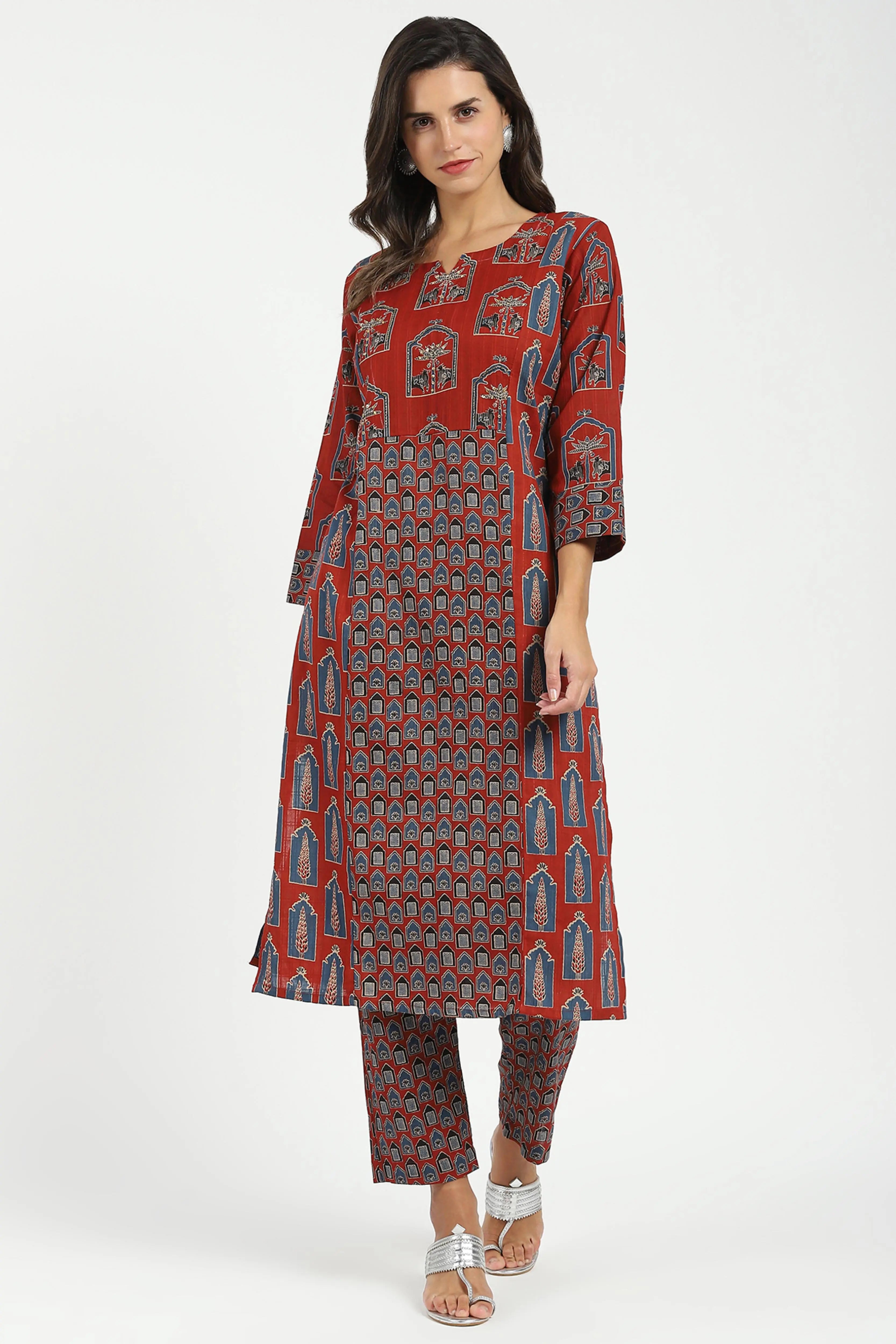 Maroon Ajrakh Embellsihed Cotton Kurta - Global Republic