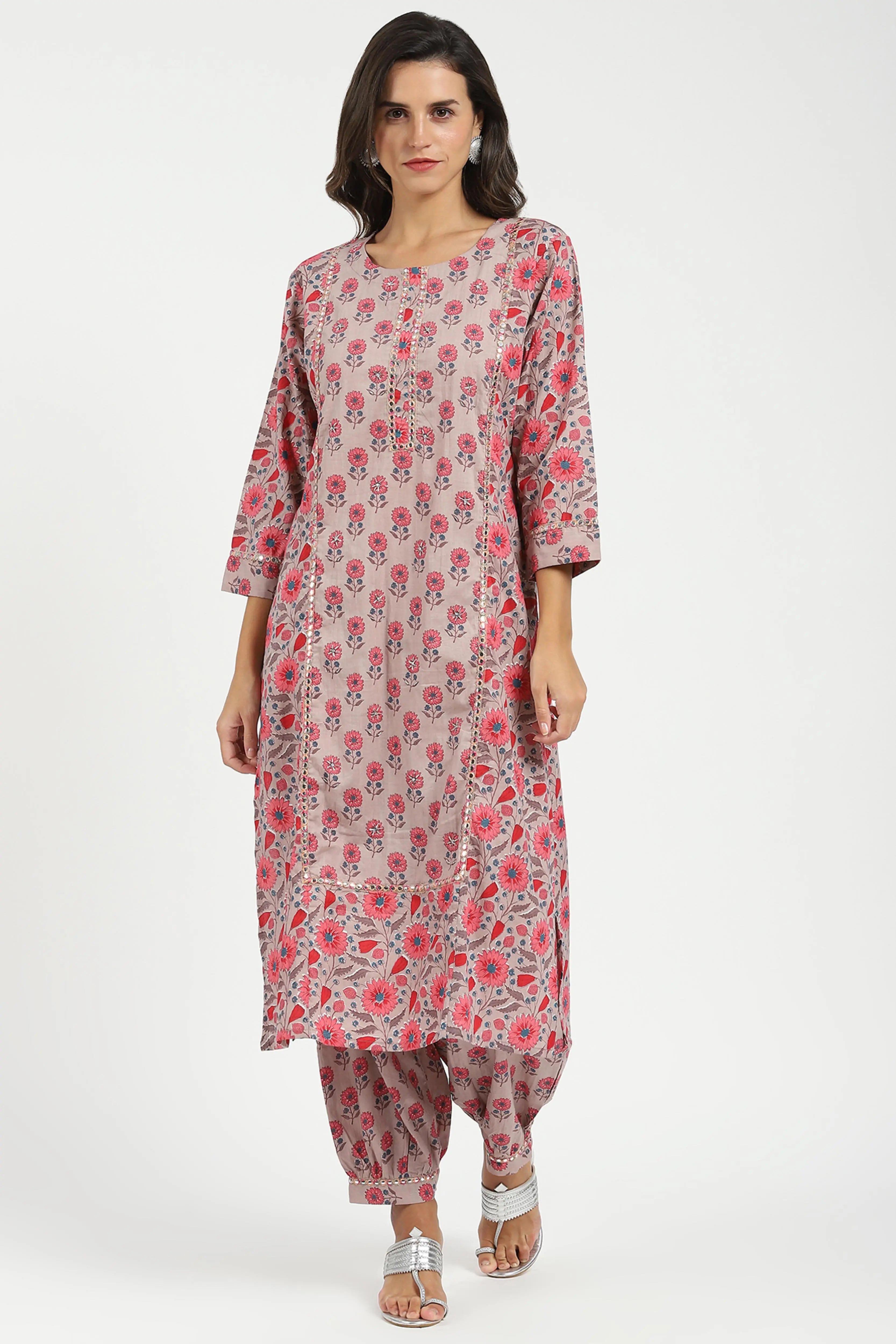 Pink Floral Cotton Afghani Kurta Set - Global Republic