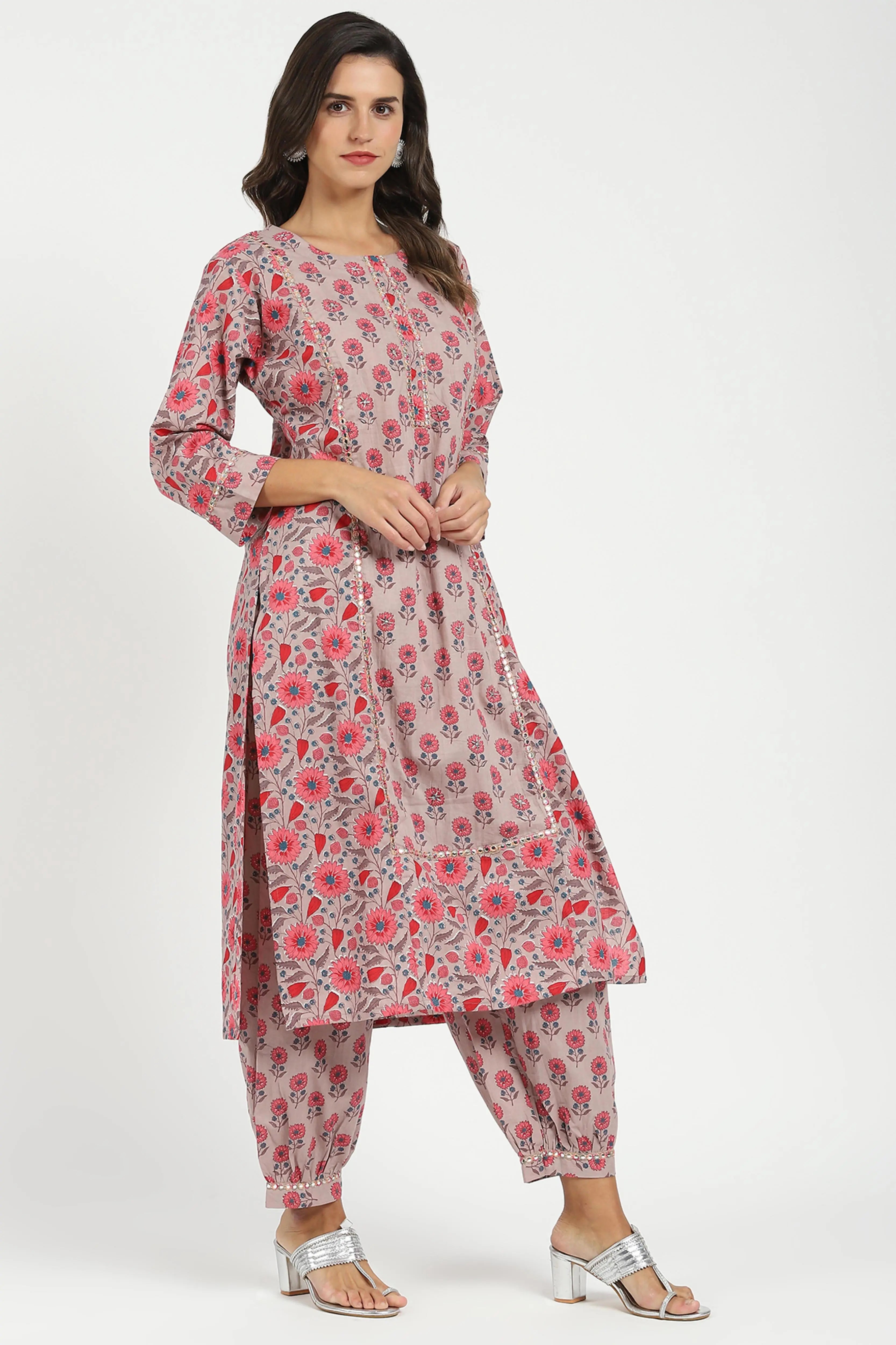 Pink Floral Cotton Afghani Kurta Set - Global Republic