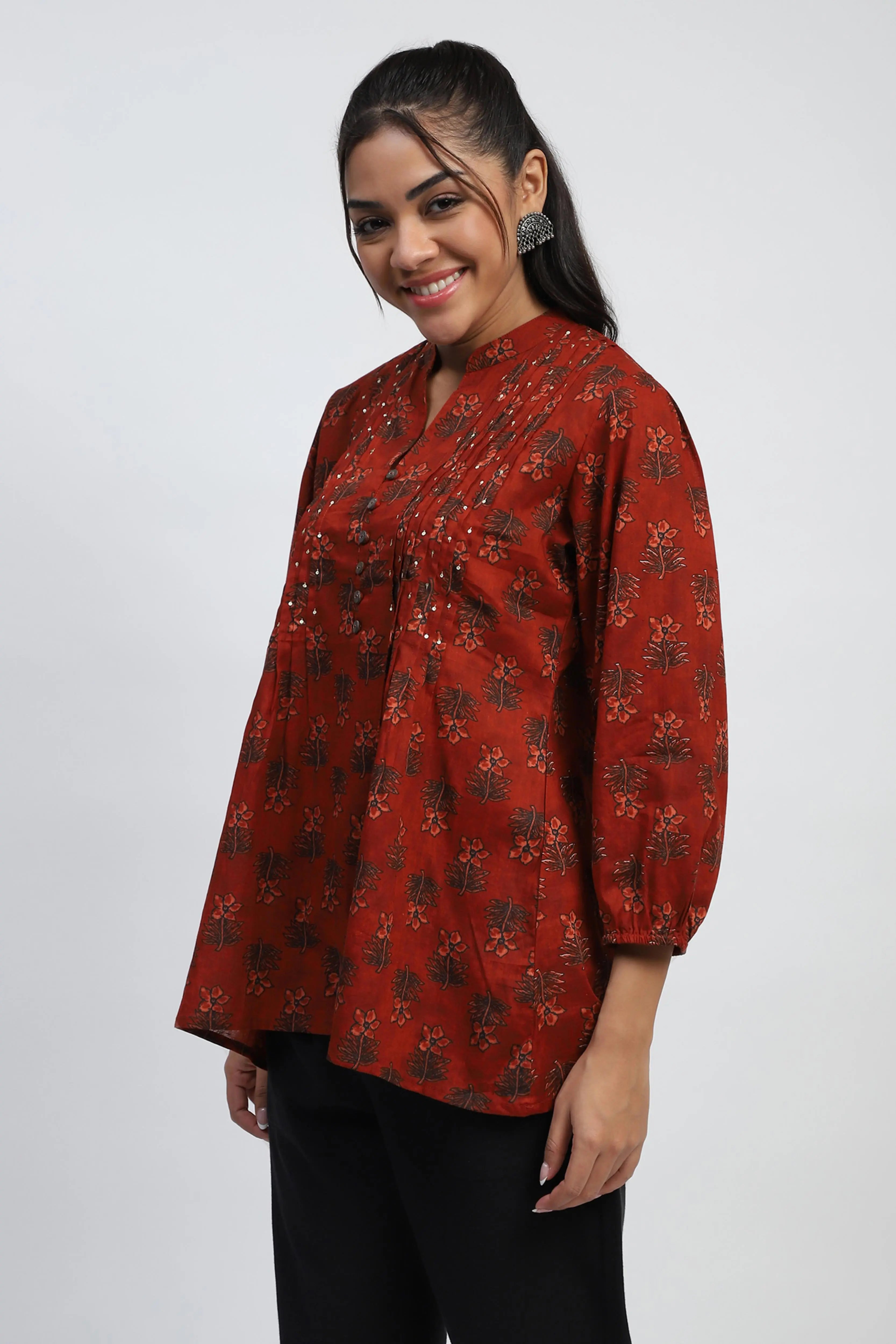 Rust  Floral Print Cotton Tunic - Global Republic