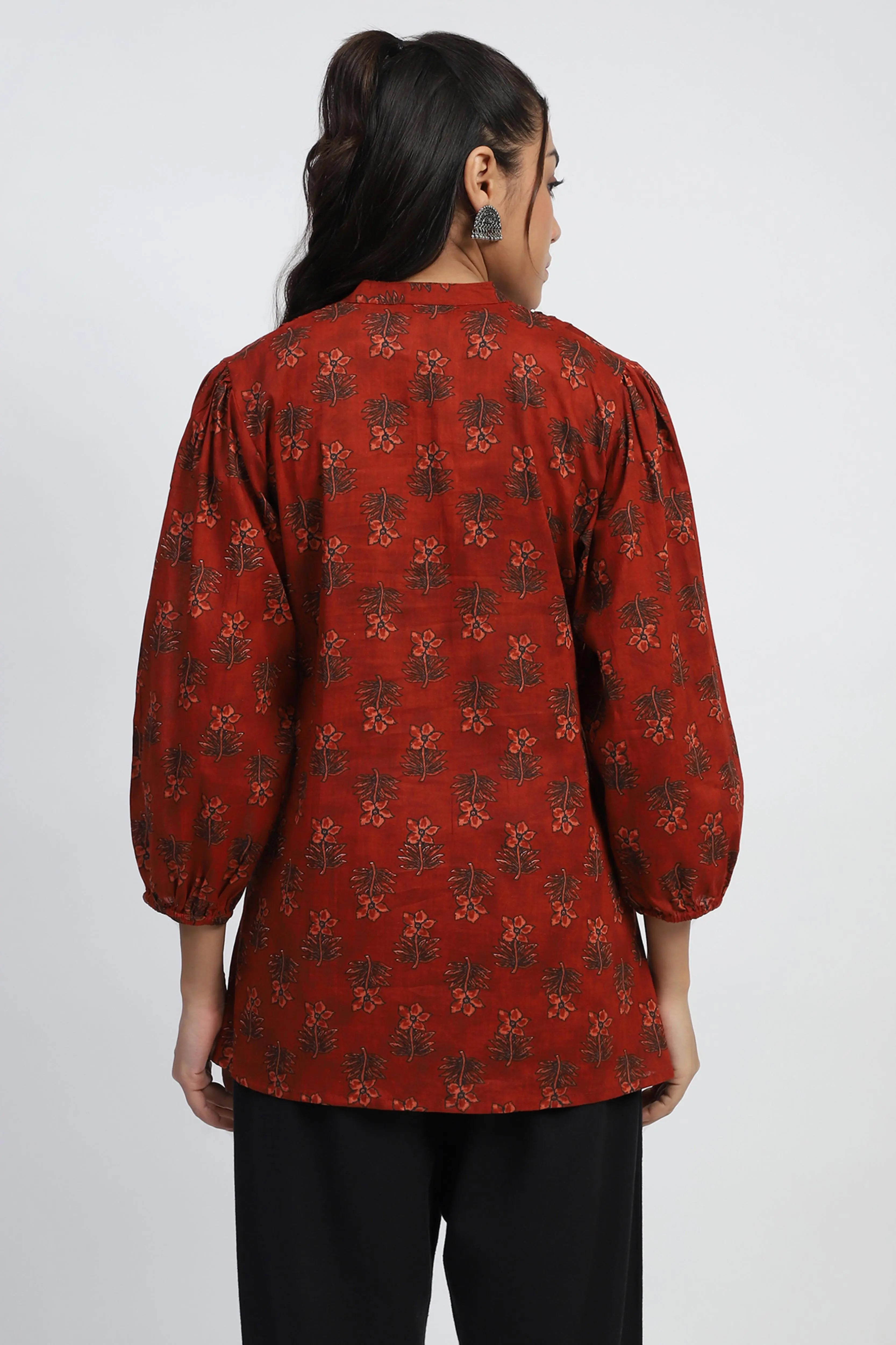 Rust  Floral Print Cotton Tunic - Global Republic