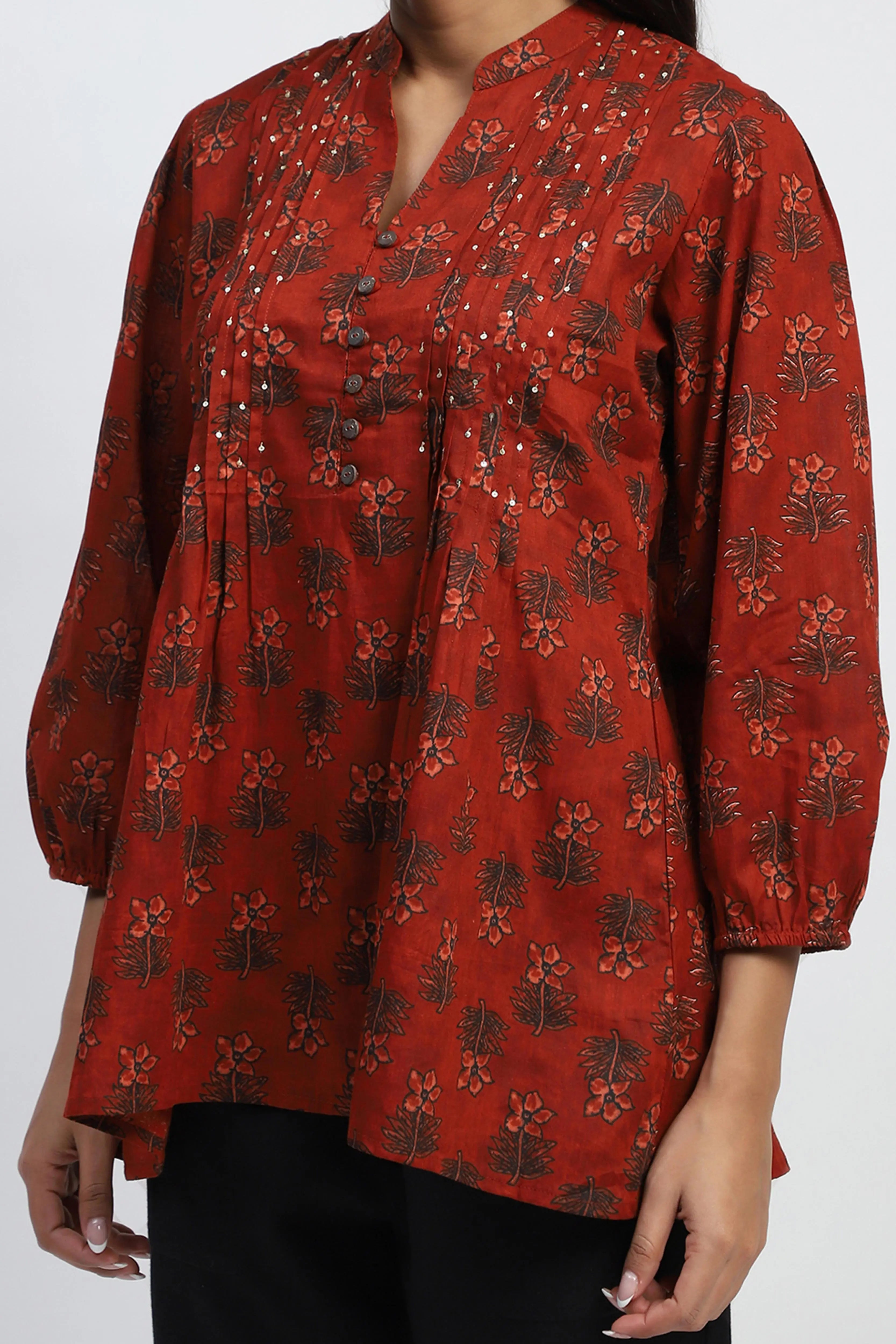 Rust  Floral Print Cotton Tunic - Global Republic