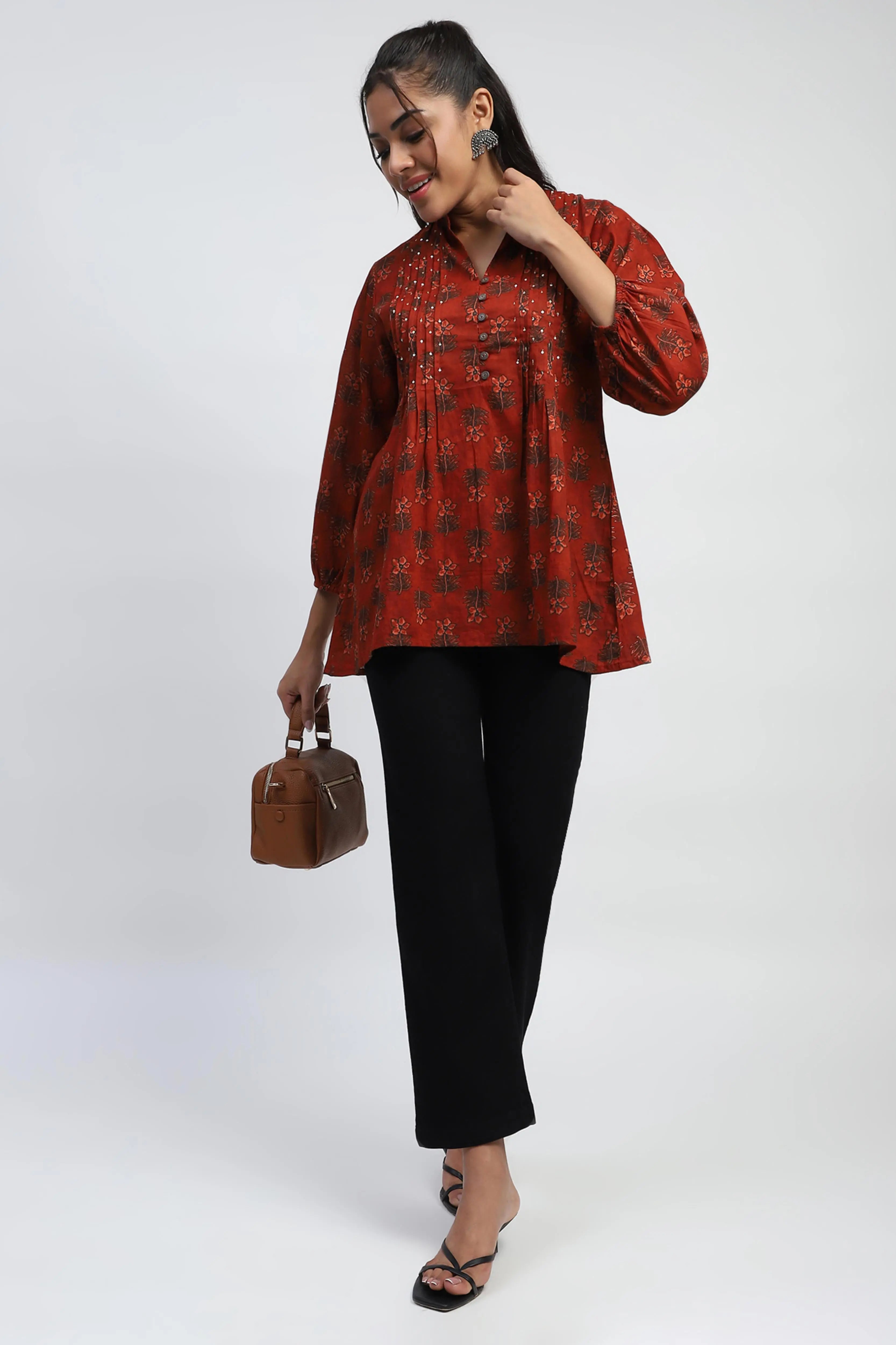 Rust  Floral Print Cotton Tunic - Global Republic